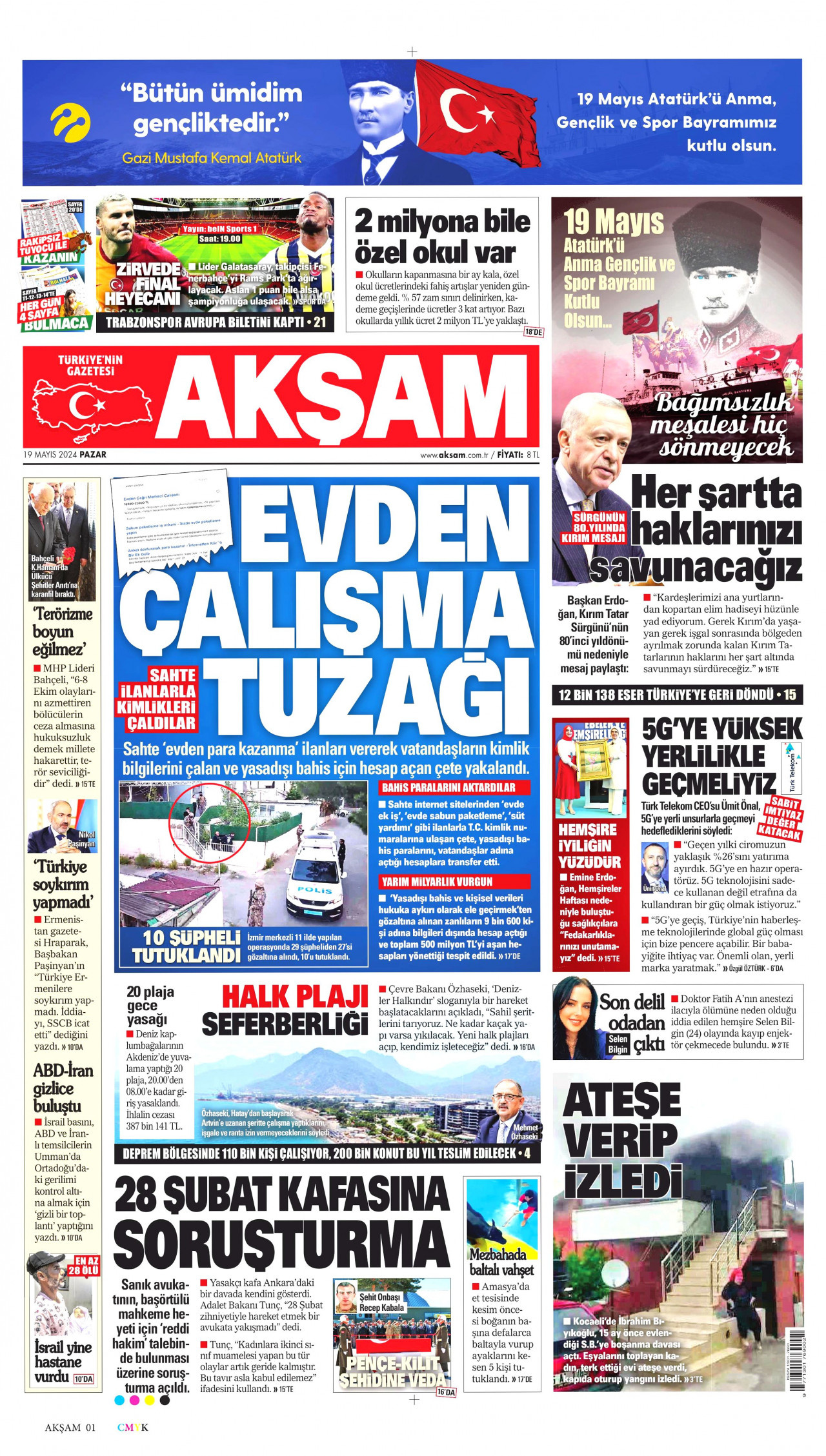 AKŞAM gazetesinin 19 Mayıs 2024 tarihli birinci sayfası