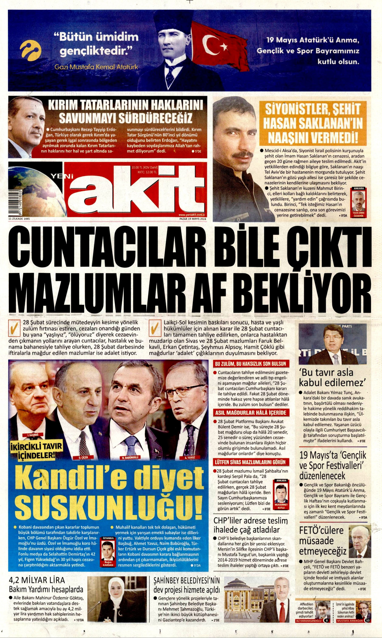 YENİ AKİT gazetesinin 19 Mayıs 2024 tarihli birinci sayfası