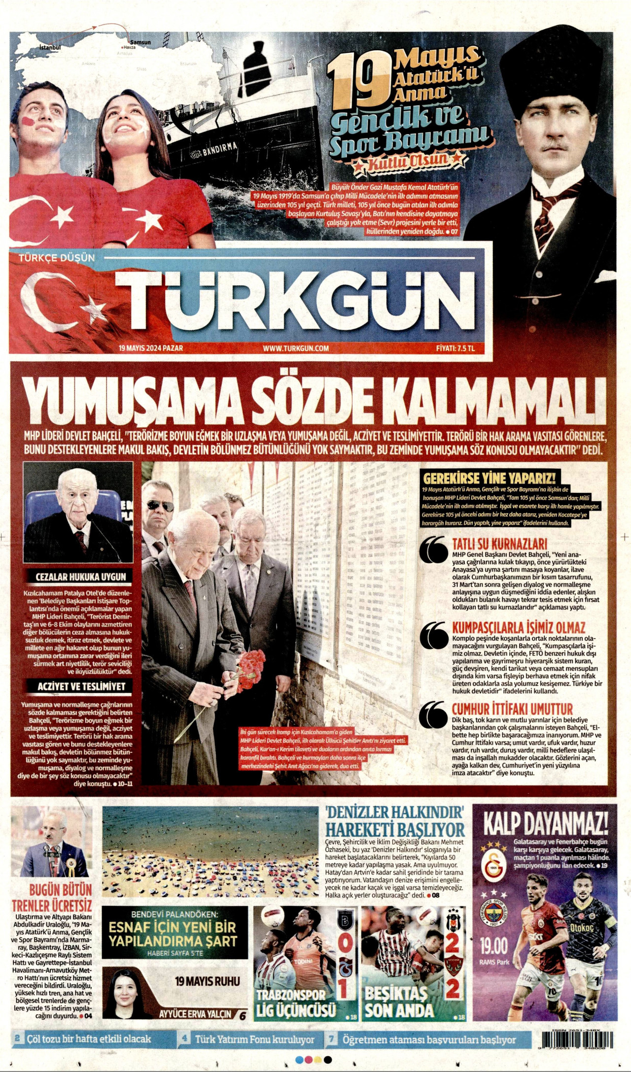 TÜRKGÜN gazetesinin 19 Mayıs 2024 tarihli birinci sayfası
