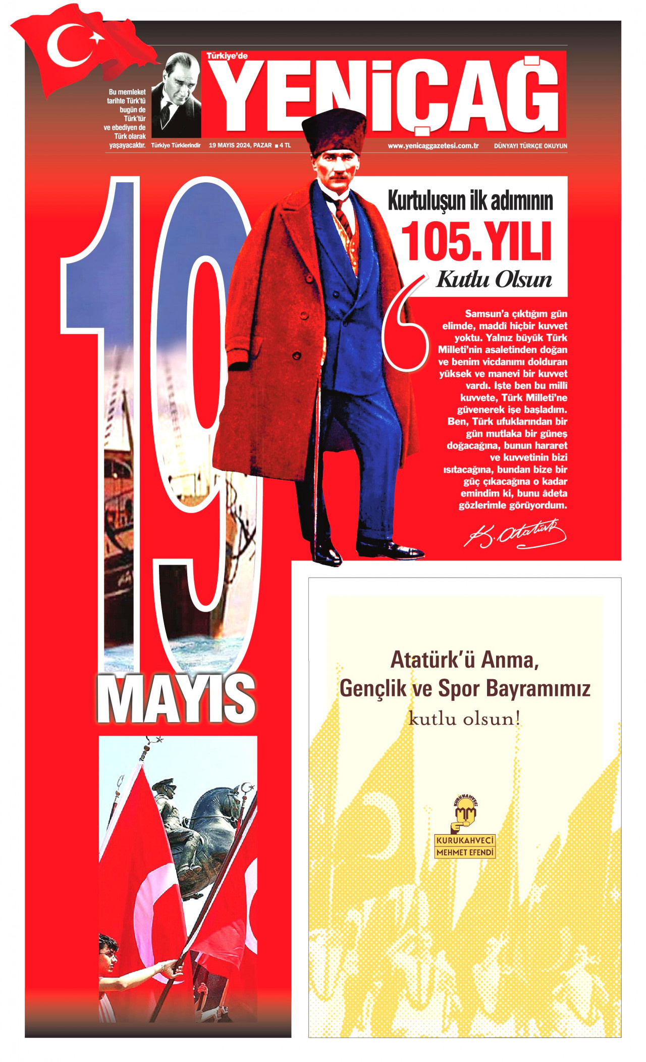 YENİÇAĞ gazetesinin 19 Mayıs 2024 tarihli birinci sayfası