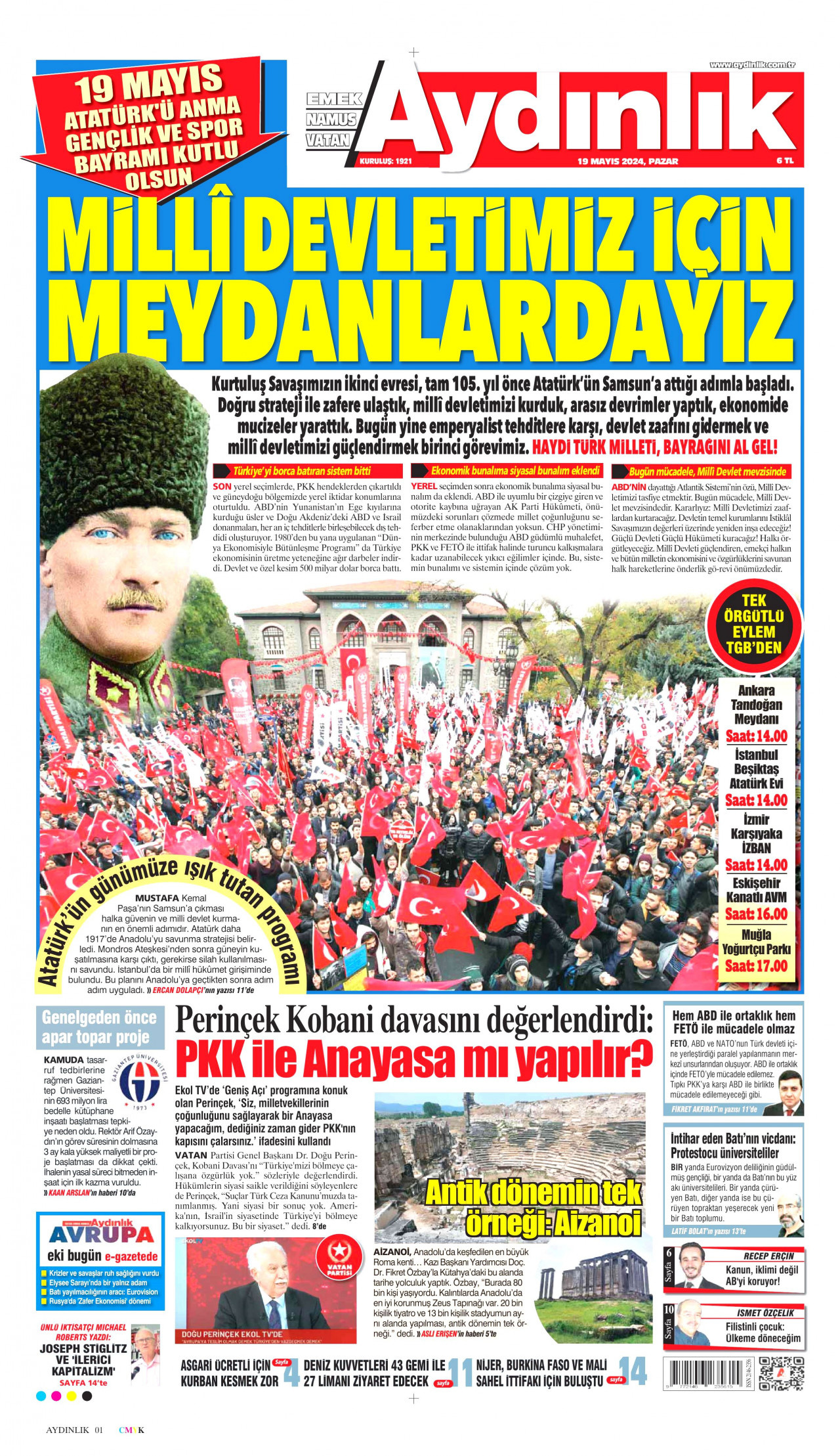 AYDINLIK GAZETESİ gazetesinin 19 Mayıs 2024 tarihli birinci sayfası