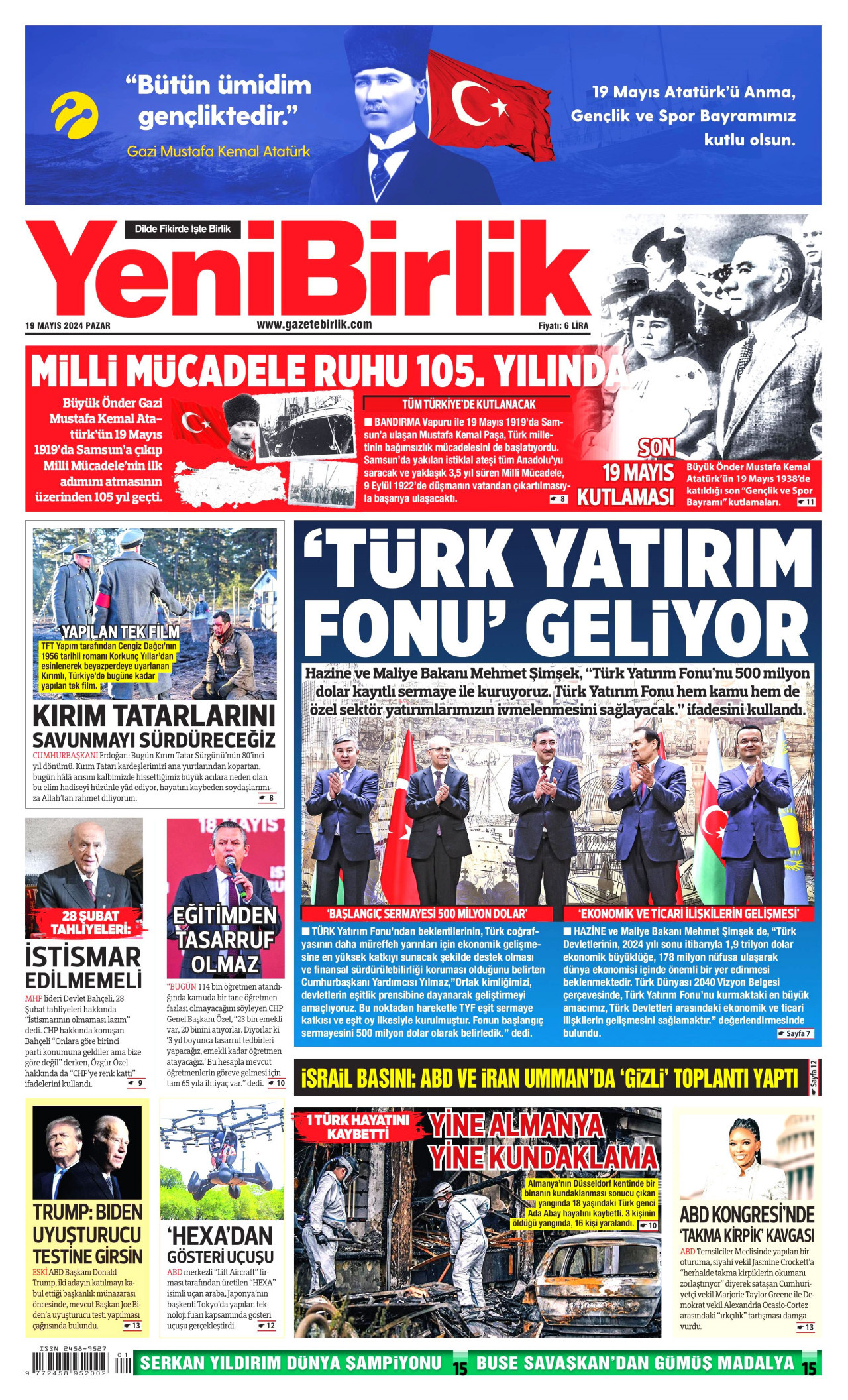 YENİBİRLİK gazetesinin 19 Mayıs 2024 tarihli birinci sayfası