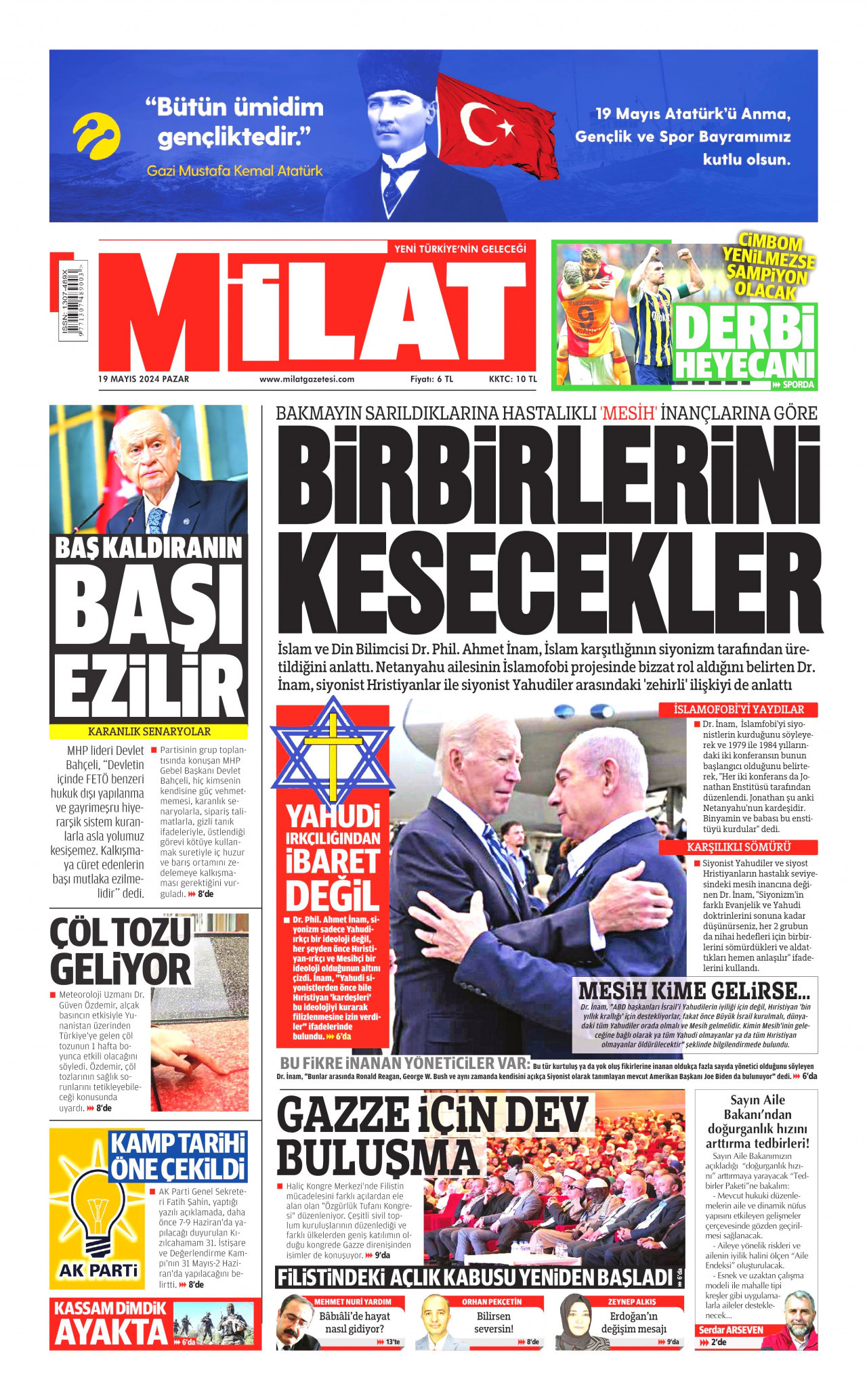 MİLAT gazetesinin 19 Mayıs 2024 tarihli birinci sayfası