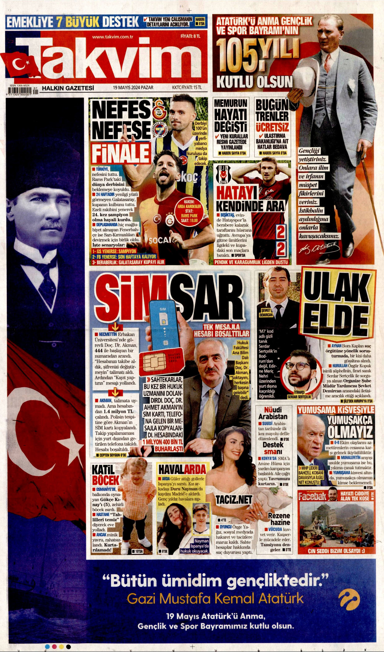 TAKVİM gazetesinin 19 Mayıs 2024 tarihli birinci sayfası