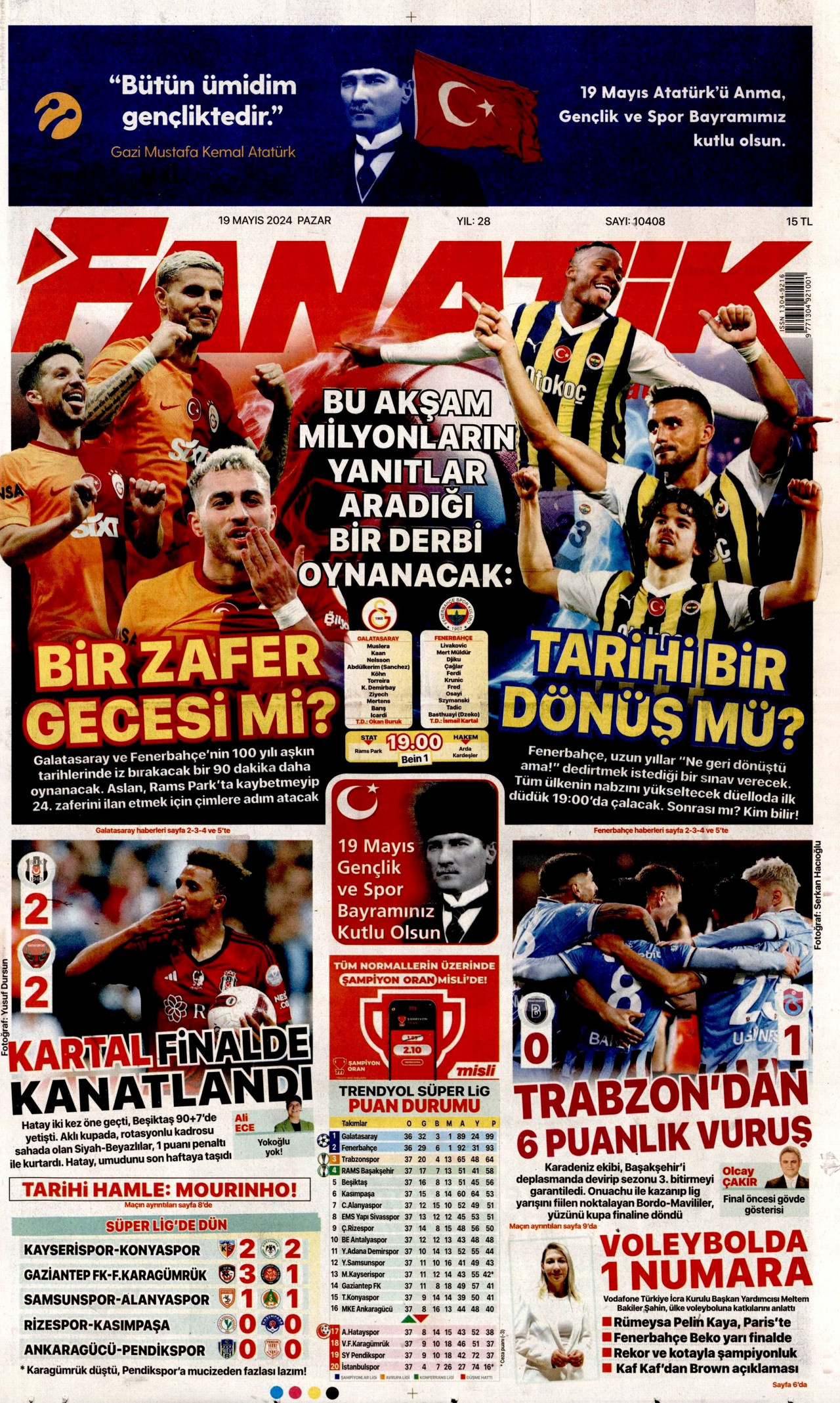 FANATİK gazetesinin 19 Mayıs 2024 tarihli birinci sayfası