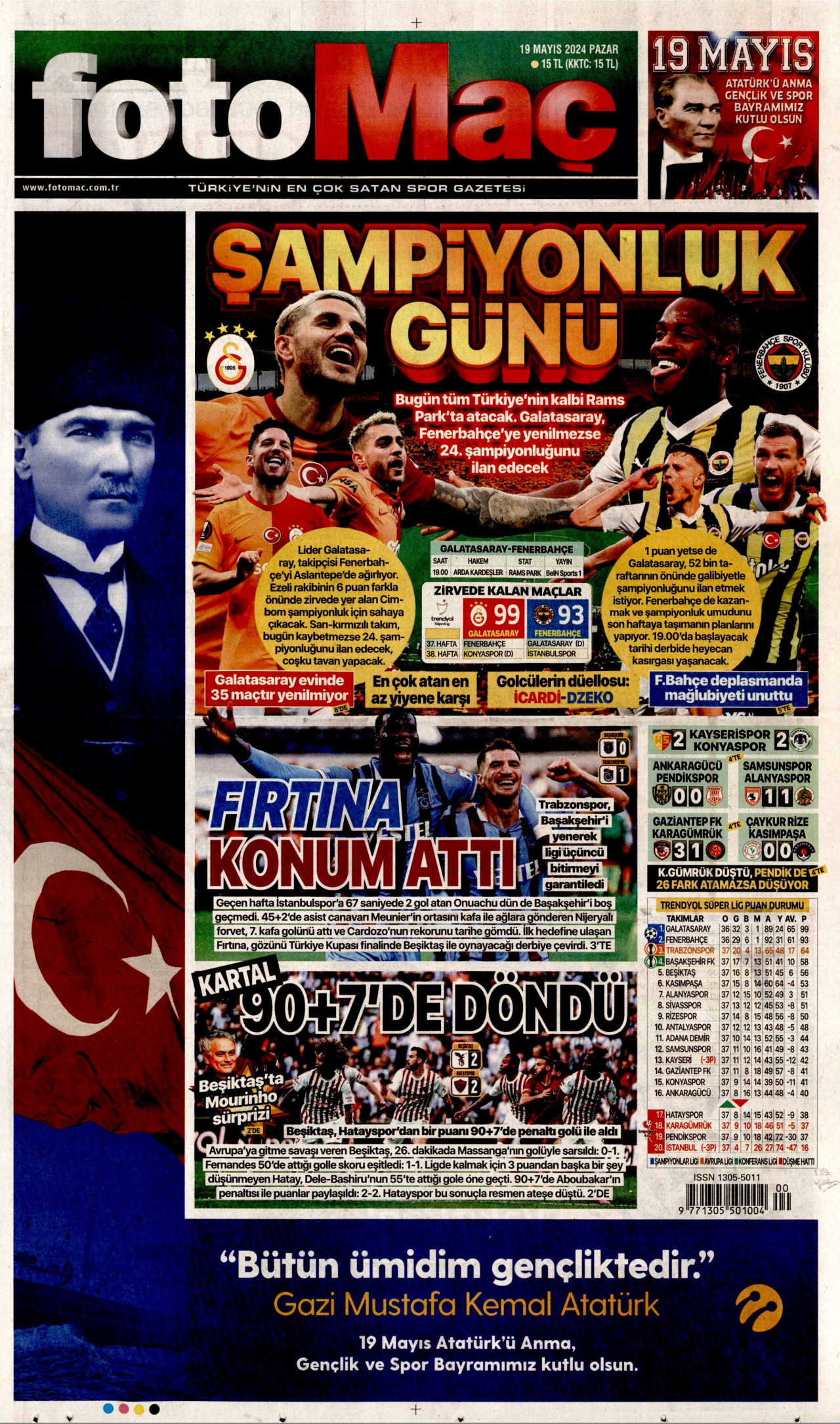 FOTOMAÇ gazetesinin 19 Mayıs 2024 tarihli birinci sayfası
