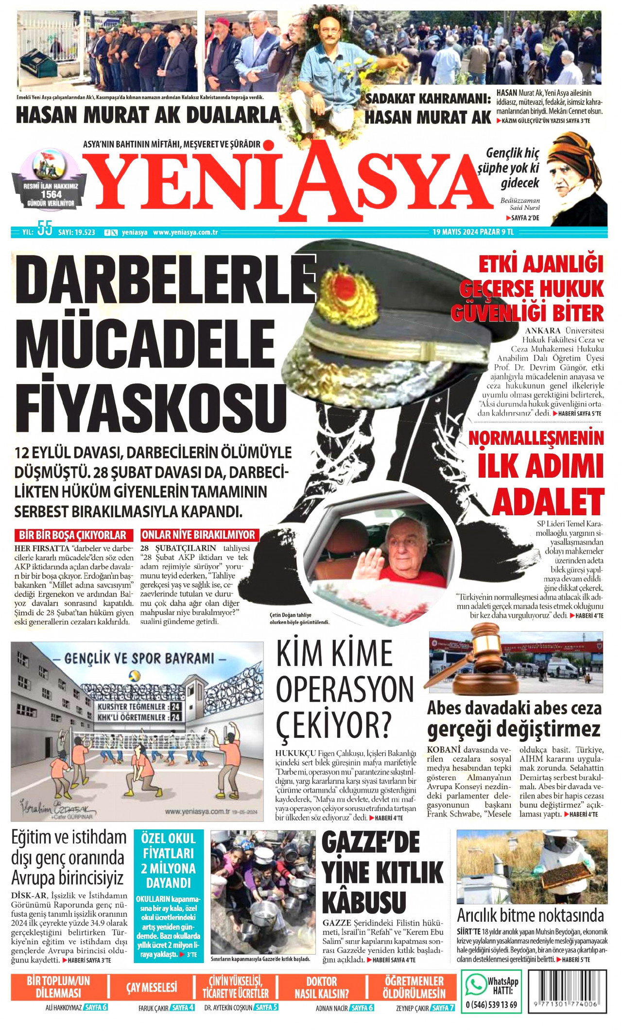 YENİ ASYA gazetesinin 19 Mayıs 2024 tarihli birinci sayfası