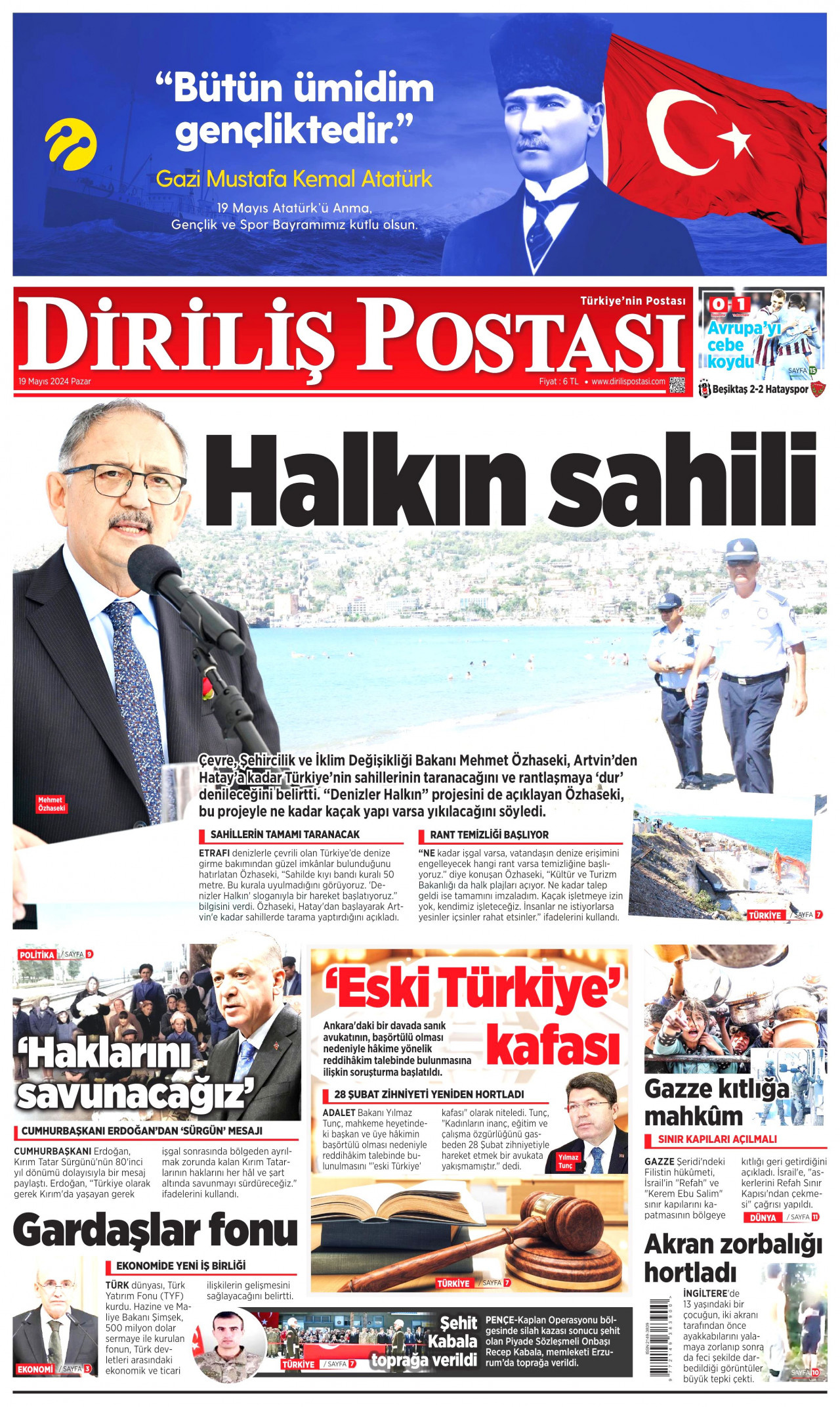 DİRİLİŞ POSTASI gazetesinin 19 Mayıs 2024 tarihli birinci sayfası