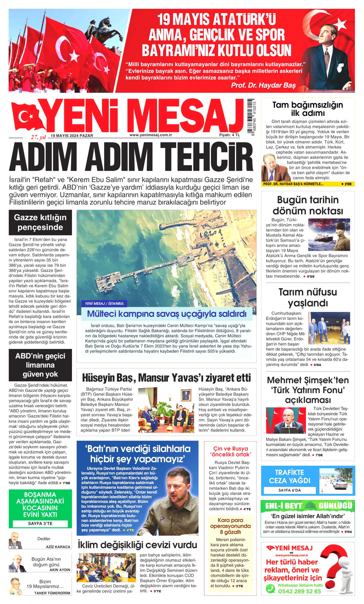 YENİ MESAJ gazetesinin 19 Mayıs 2024 tarihli birinci sayfası