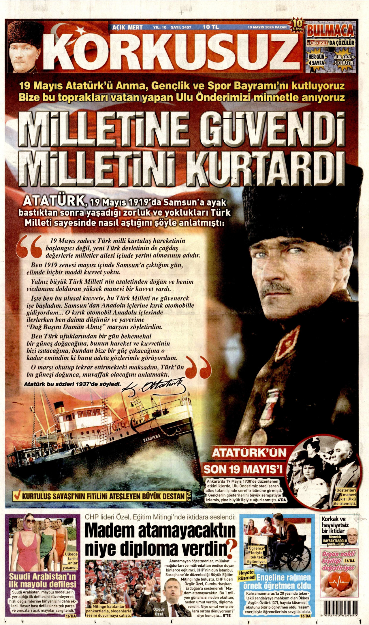 KORKUSUZ gazetesinin 19 Mayıs 2024 tarihli birinci sayfası