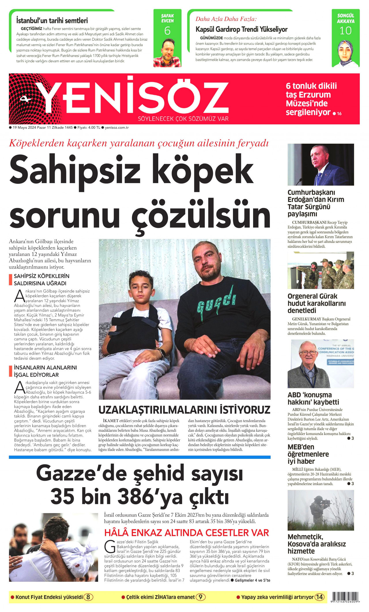 YENİ SÖZ GAZETESİ gazetesinin 19 Mayıs 2024 tarihli birinci sayfası