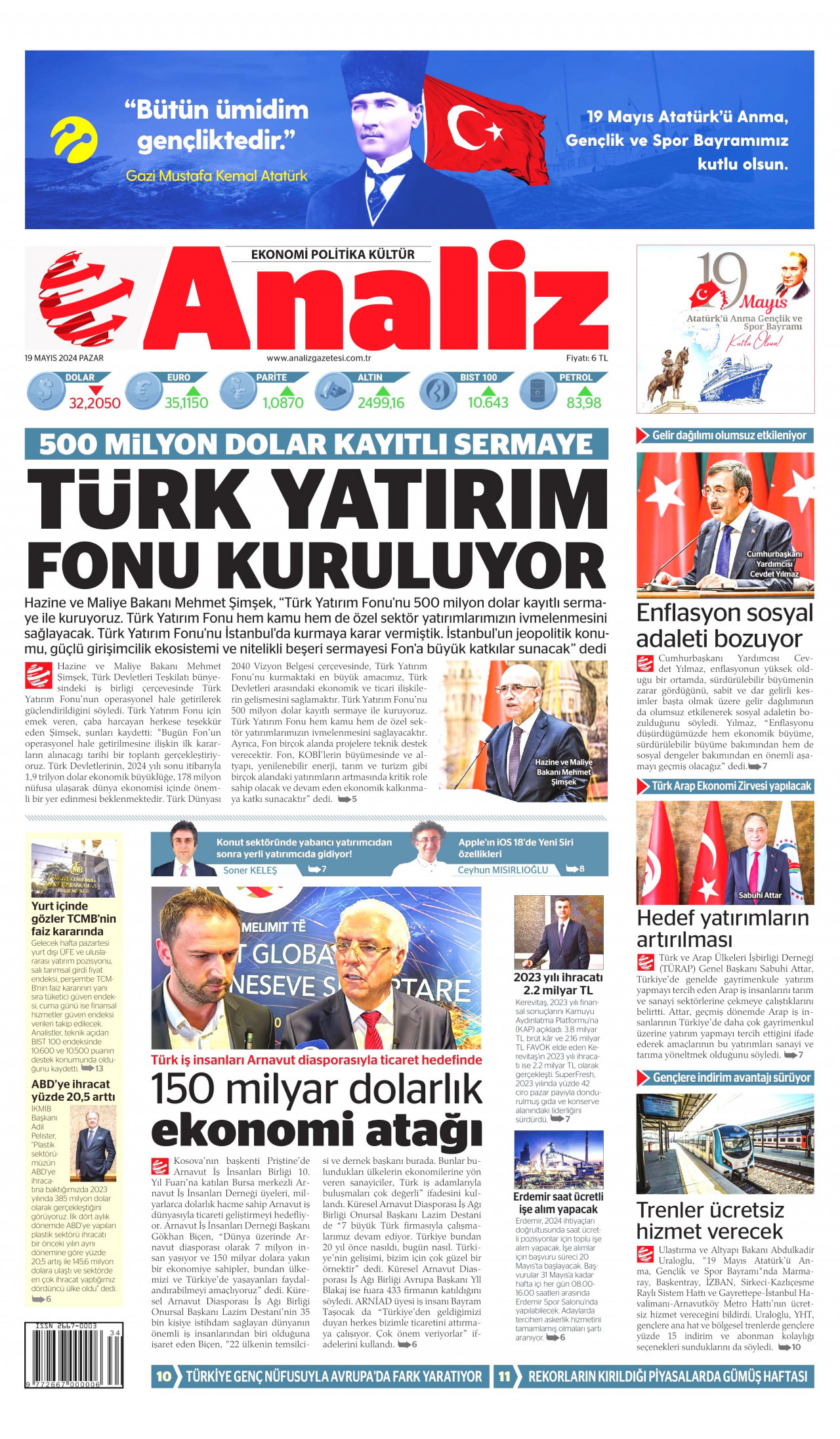 ANALİZ gazetesinin 19 Mayıs 2024 tarihli birinci sayfası