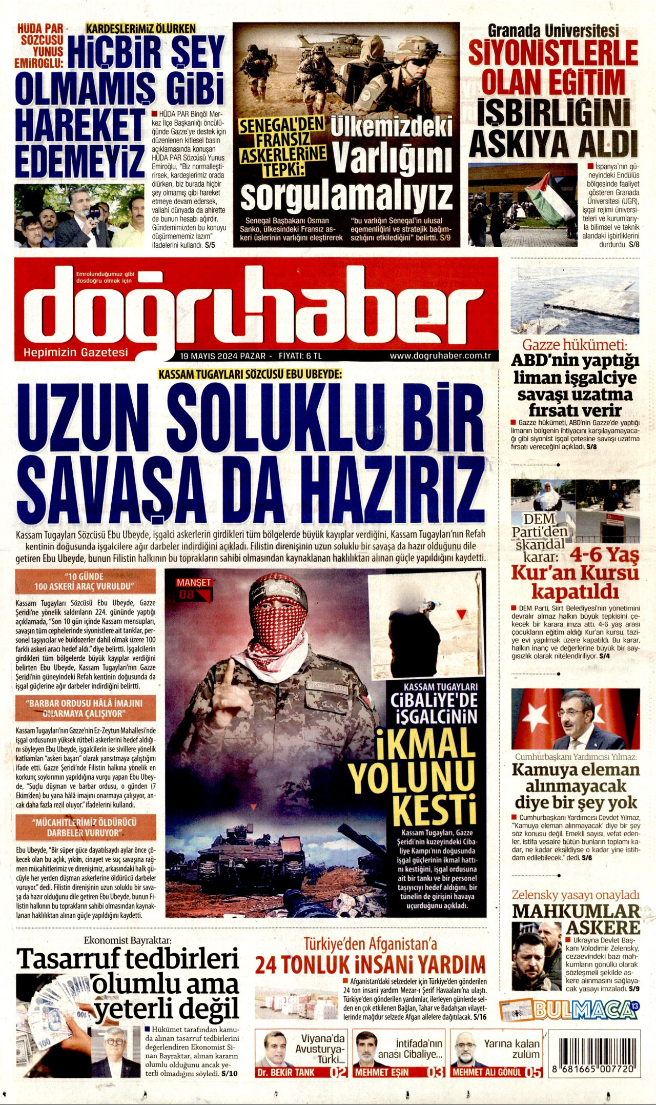 DOĞRU HABER gazetesinin 19 Mayıs 2024 tarihli birinci sayfası