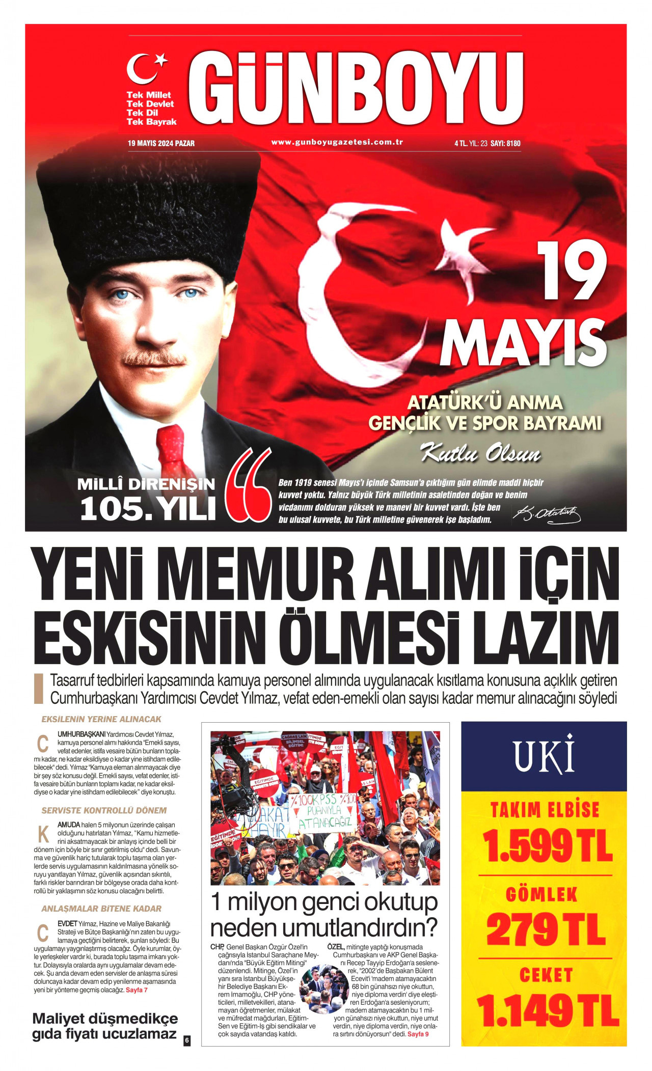 GÜNBOYU gazetesinin 19 Mayıs 2024 tarihli birinci sayfası