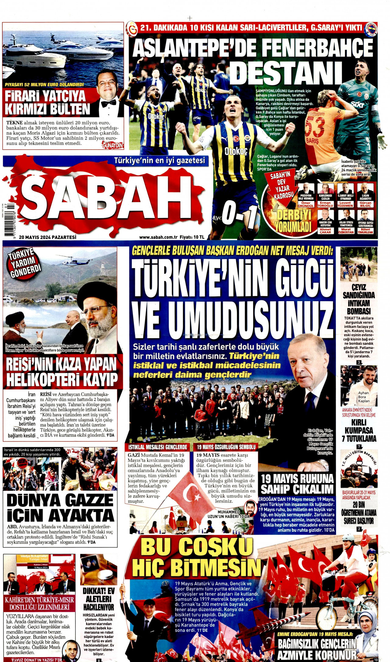 SABAH gazetesinin 20 Mayıs 2024 tarihli birinci sayfası