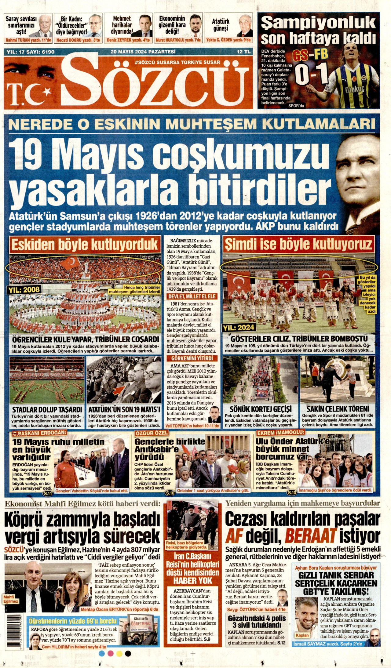 SÖZCÜ gazetesinin 20 Mayıs 2024 tarihli birinci sayfası