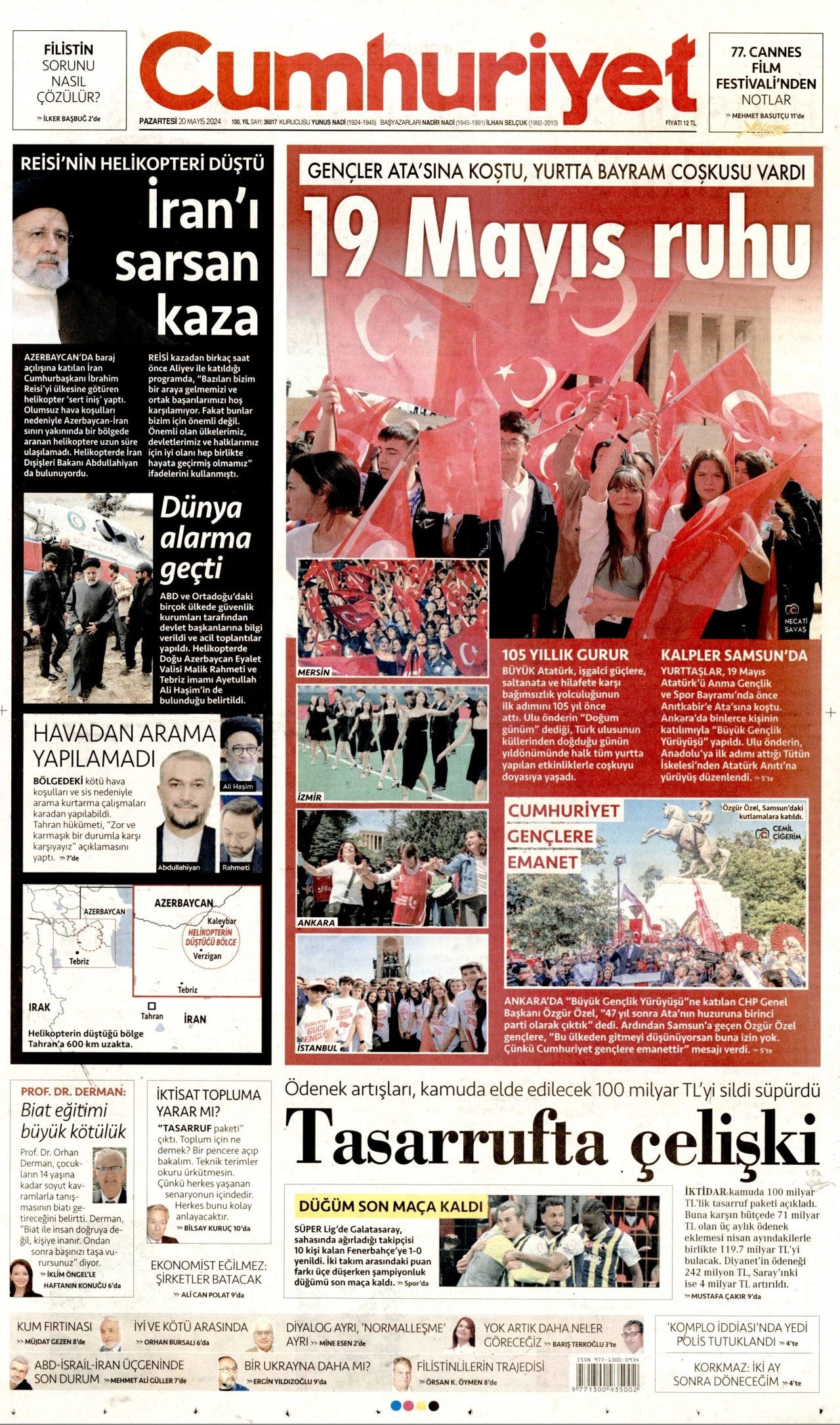 CUMHURİYET gazetesinin 20 Mayıs 2024 tarihli birinci sayfası