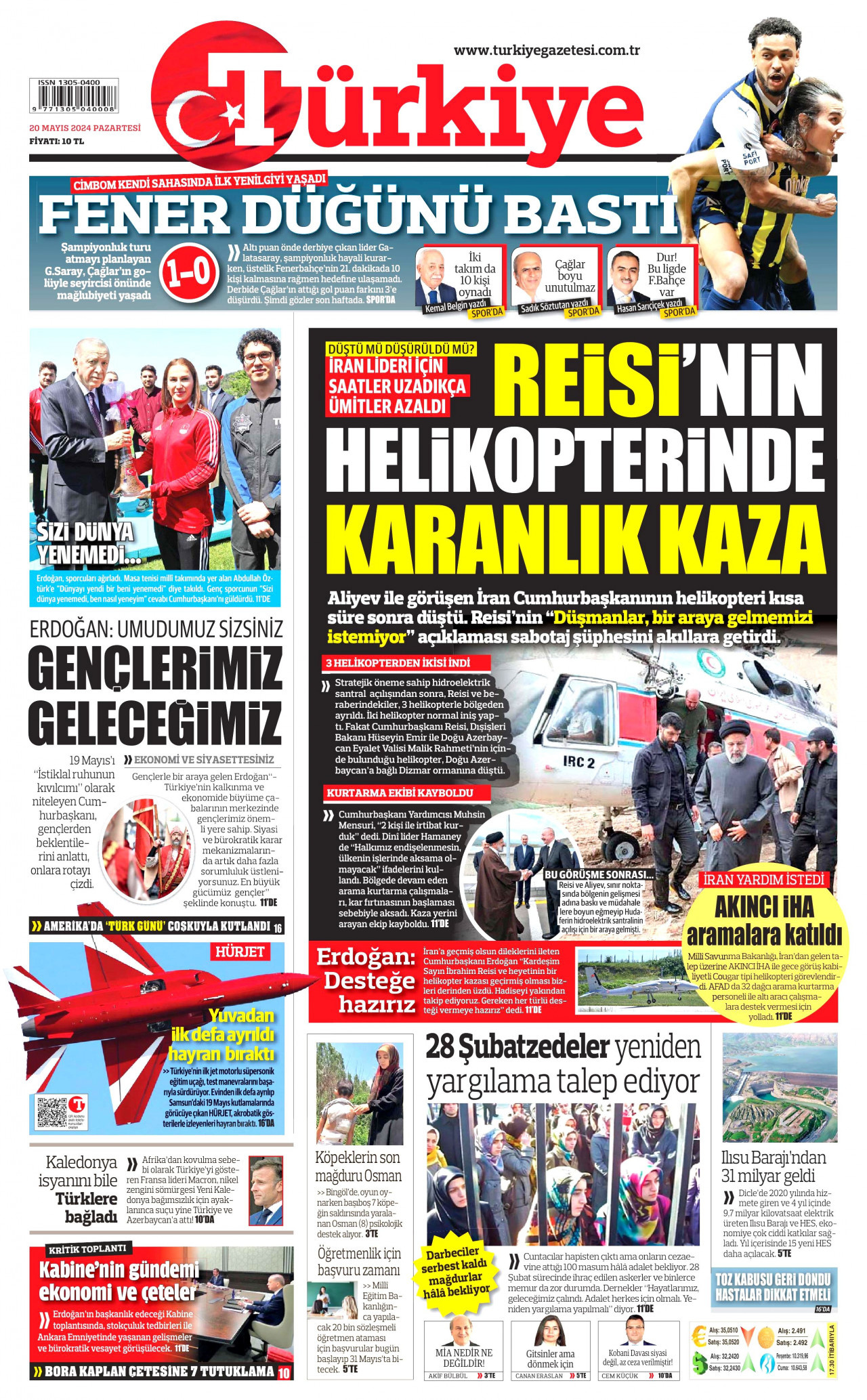 TÜRKİYE GAZETESİ gazetesinin 20 Mayıs 2024 tarihli birinci sayfası