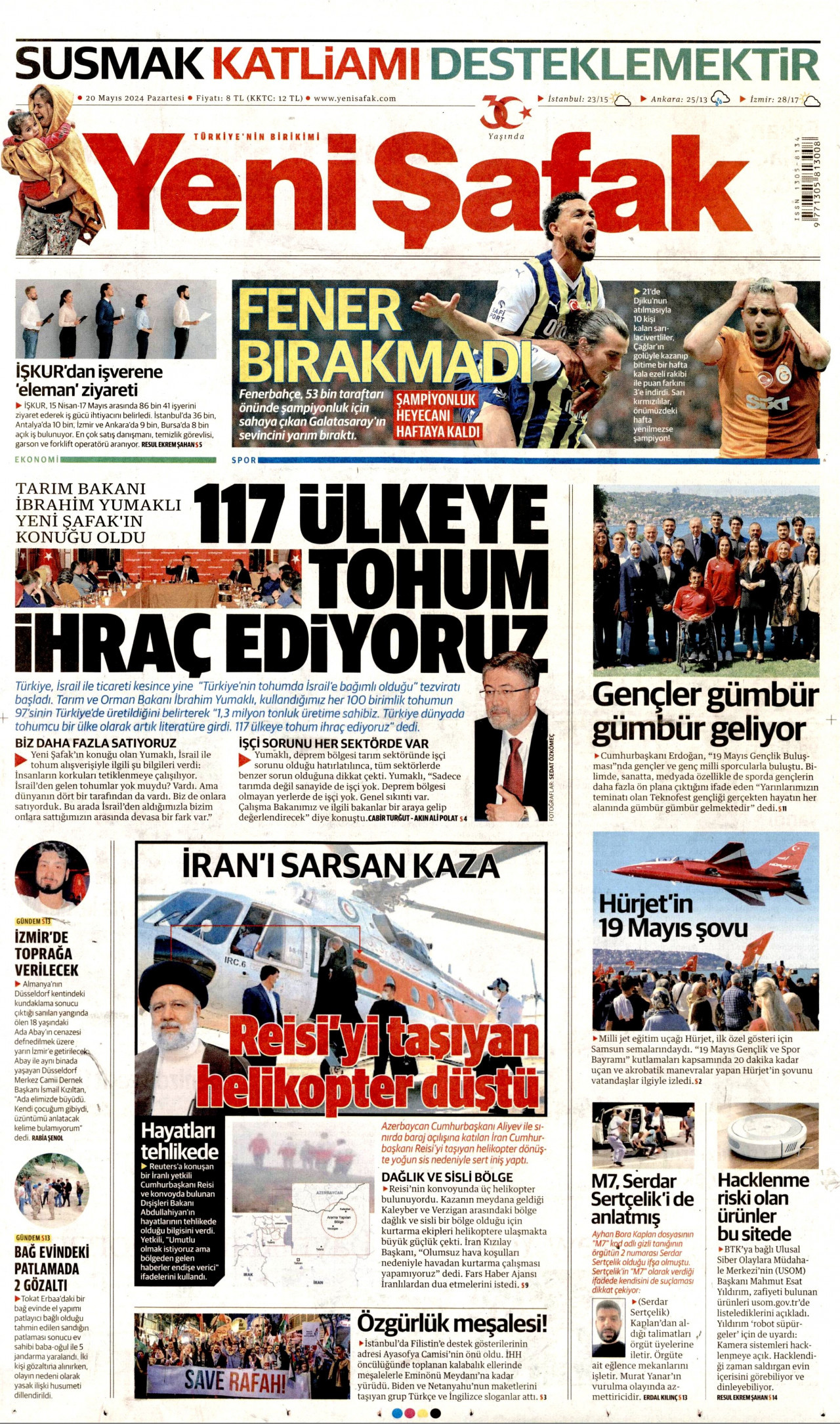 YENİ ŞAFAK gazetesinin 20 Mayıs 2024 tarihli birinci sayfası