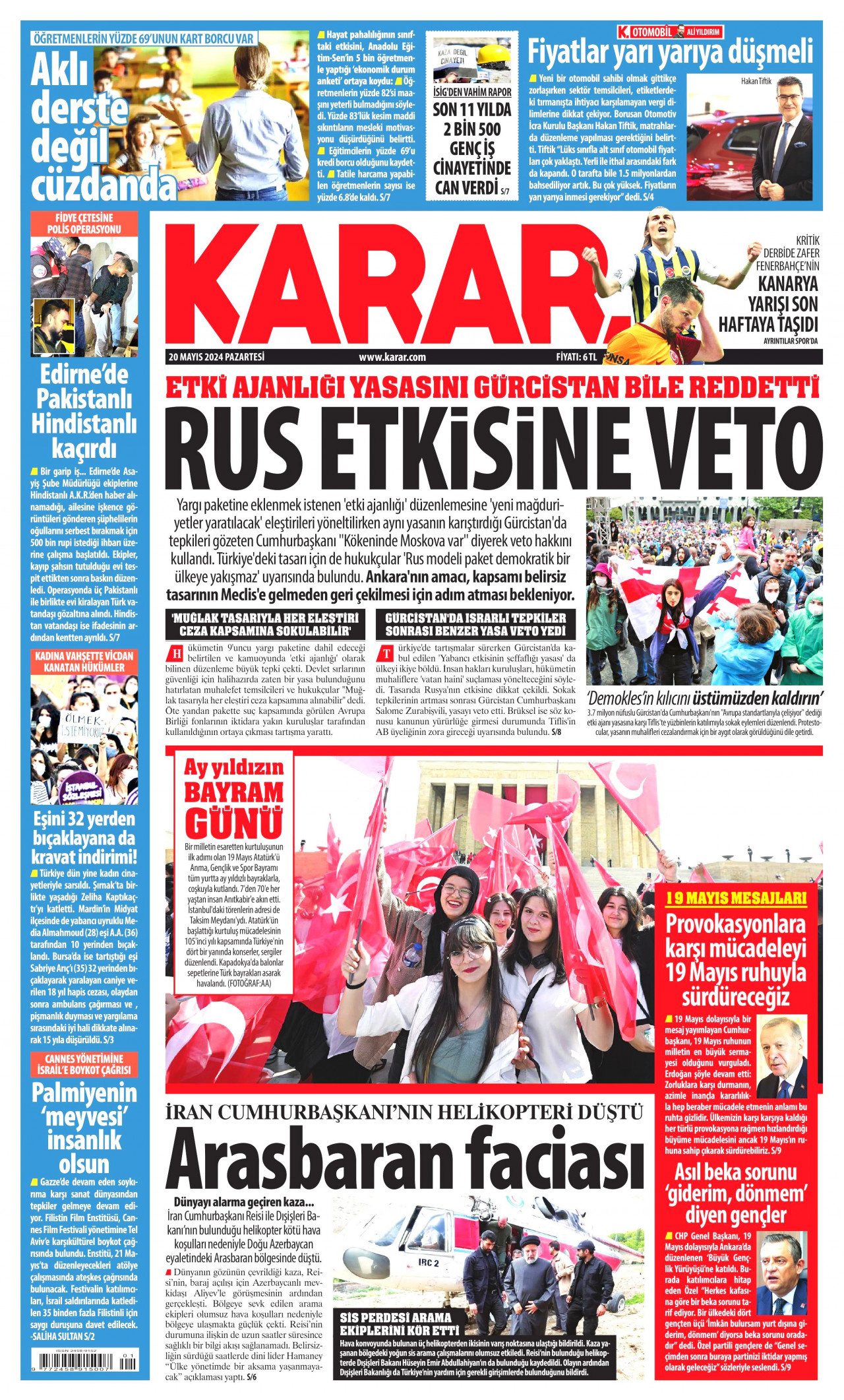 KARAR gazetesinin 20 Mayıs 2024 tarihli birinci sayfası