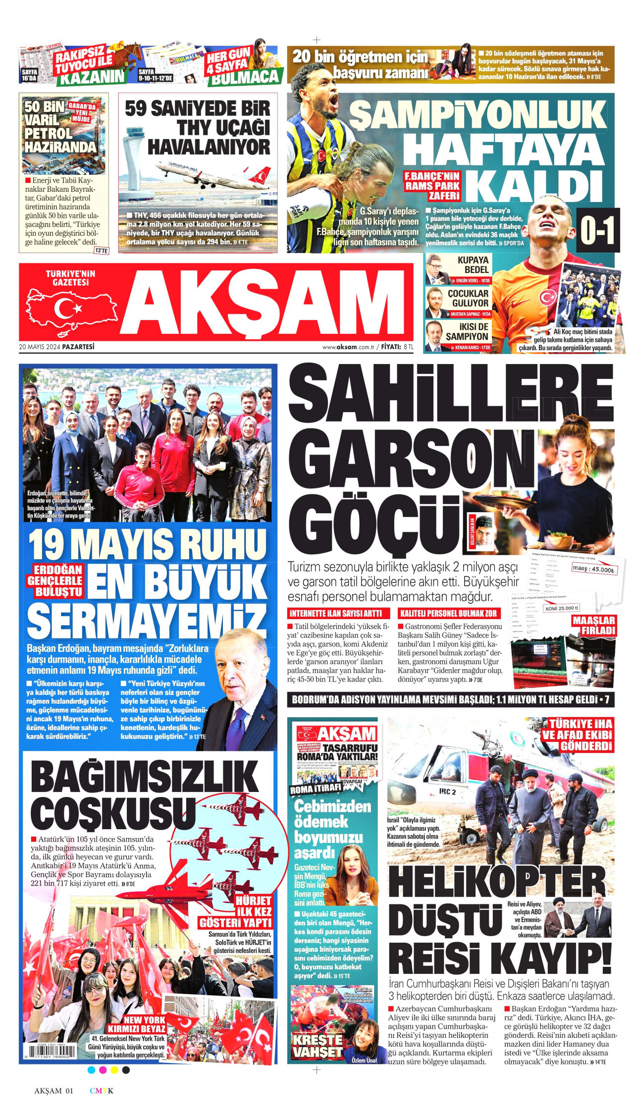 AKŞAM gazetesinin 20 Mayıs 2024 tarihli birinci sayfası