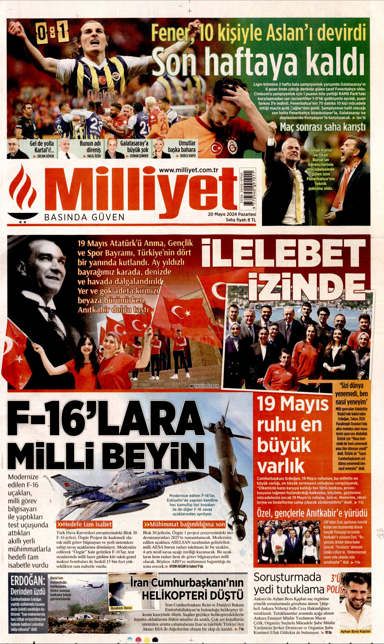 MİLLİYET gazetesinin 20 Mayıs 2024 tarihli birinci sayfası