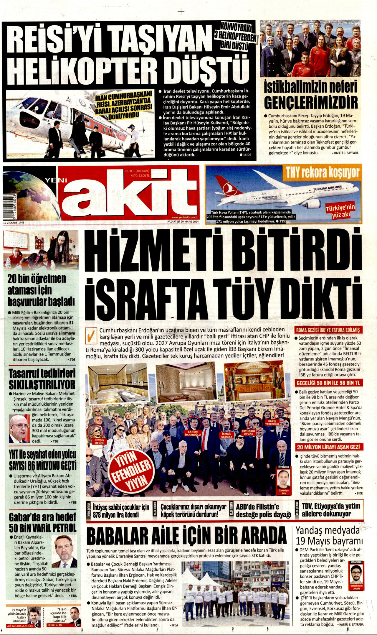YENİ AKİT gazetesinin 20 Mayıs 2024 tarihli birinci sayfası