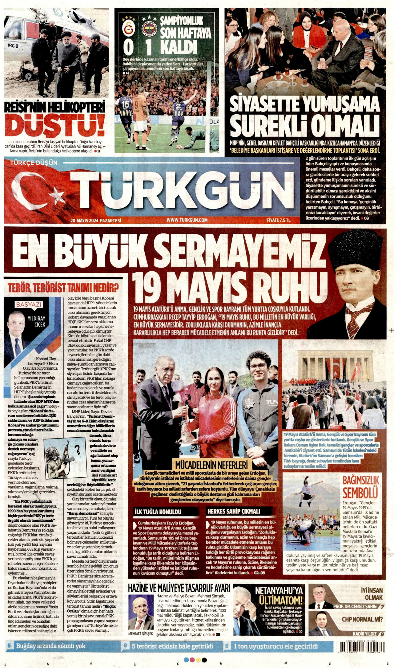 TÜRKGÜN gazetesinin 20 Mayıs 2024 tarihli birinci sayfası
