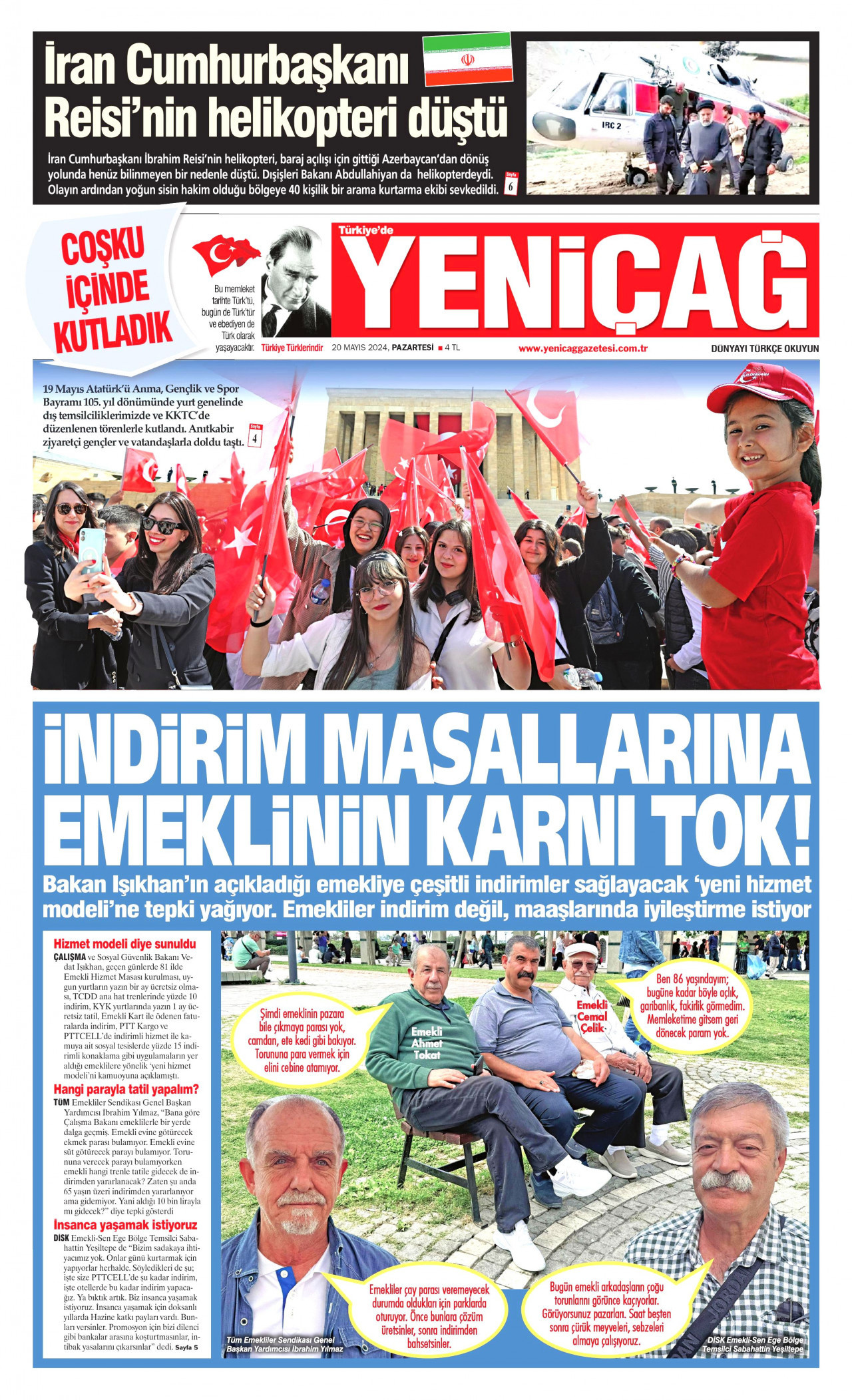 YENİÇAĞ gazetesinin 20 Mayıs 2024 tarihli birinci sayfası
