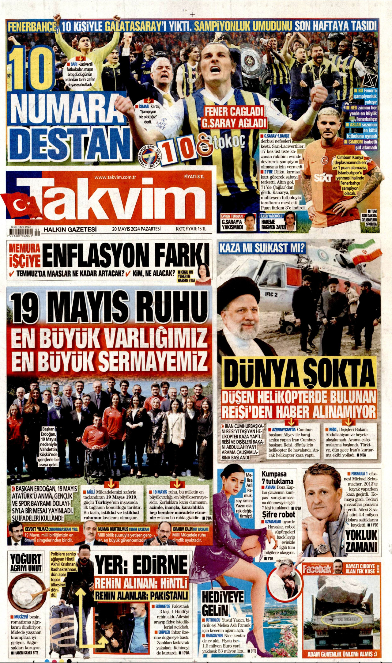 TAKVİM gazetesinin 20 Mayıs 2024 tarihli birinci sayfası