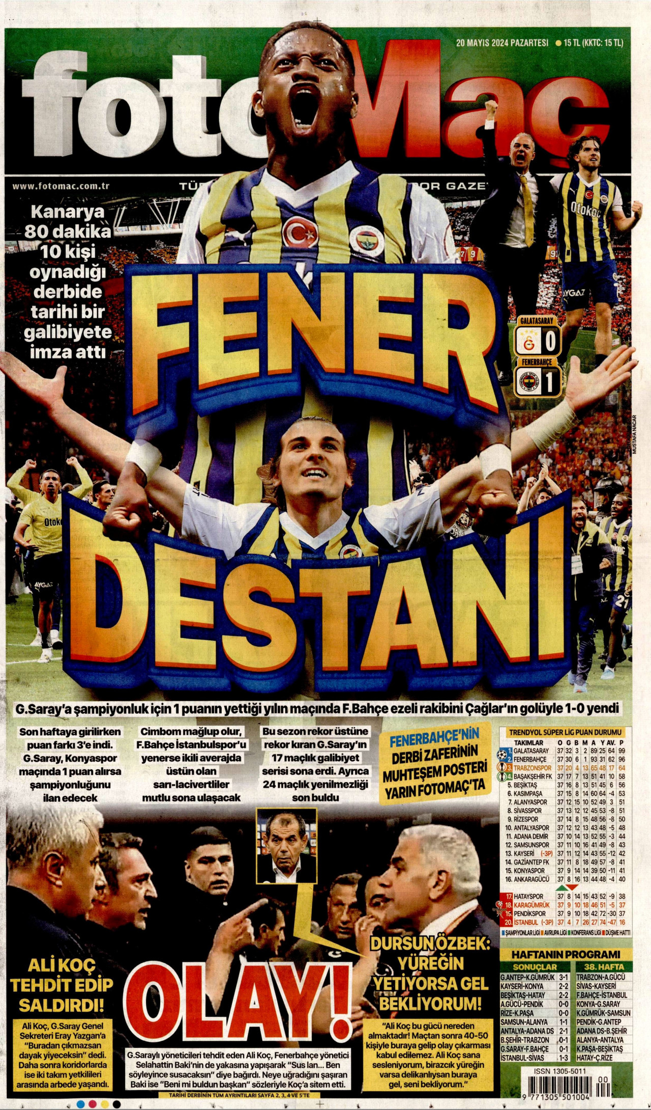 FOTOMAÇ gazetesinin 20 Mayıs 2024 tarihli birinci sayfası