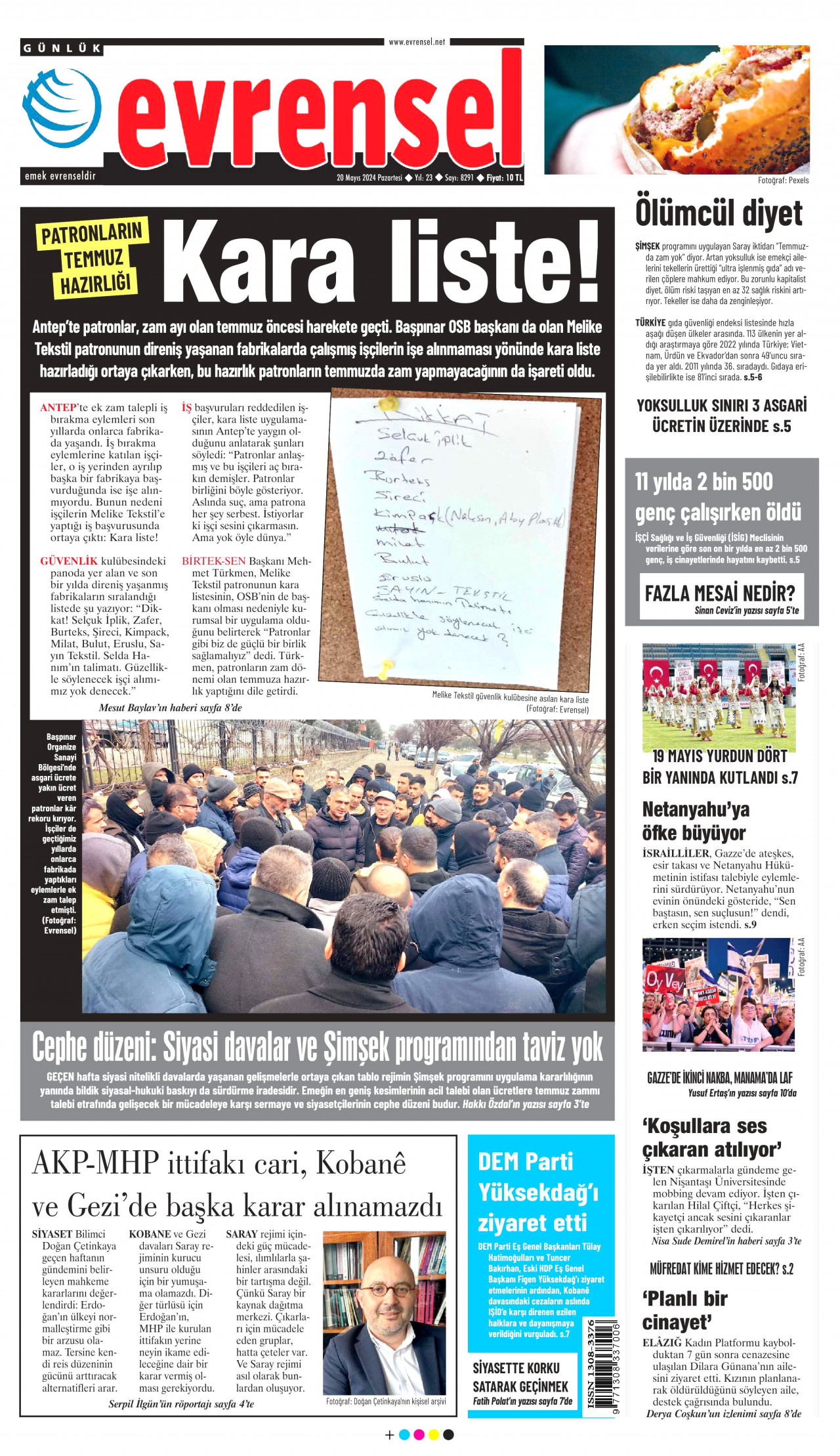 EVRENSEL gazetesinin 20 Mayıs 2024 tarihli birinci sayfası