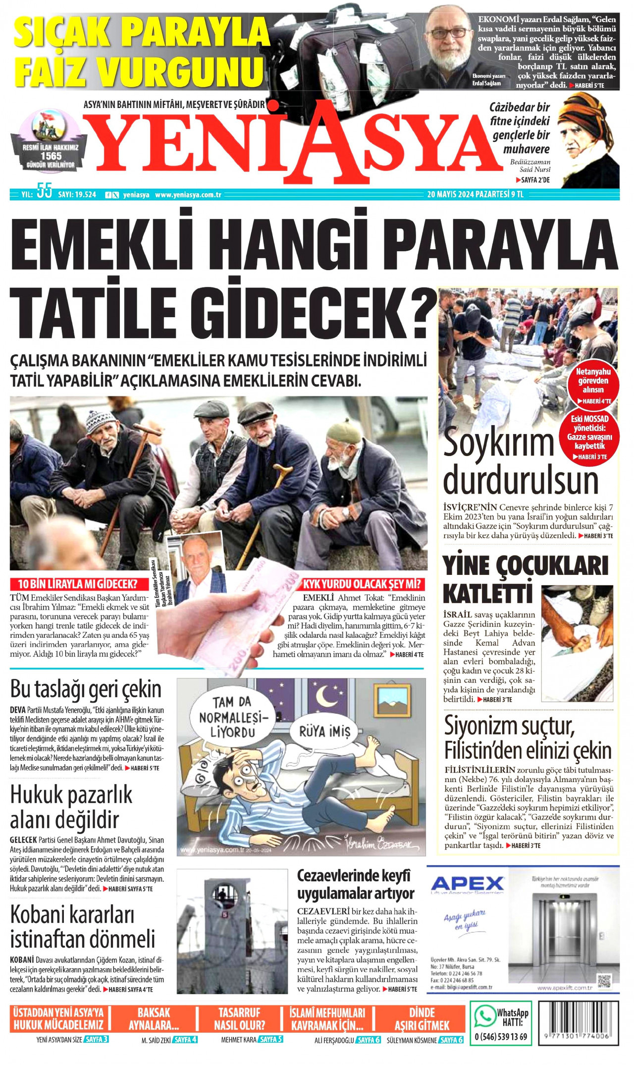 YENİ ASYA gazetesinin 20 Mayıs 2024 tarihli birinci sayfası