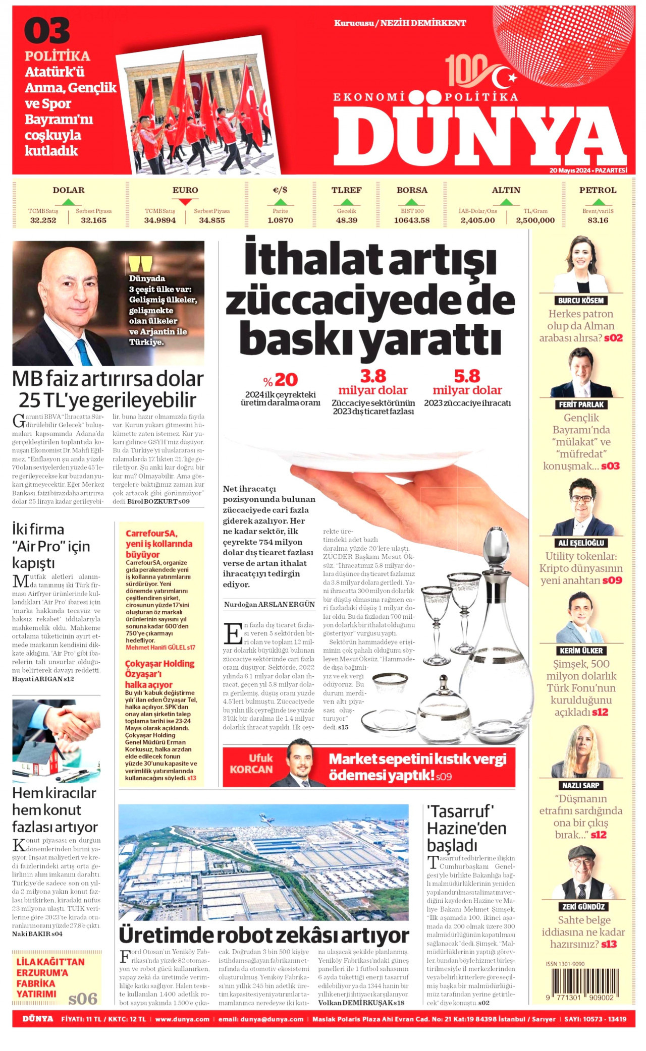 DÜNYA gazetesinin 20 Mayıs 2024 tarihli birinci sayfası