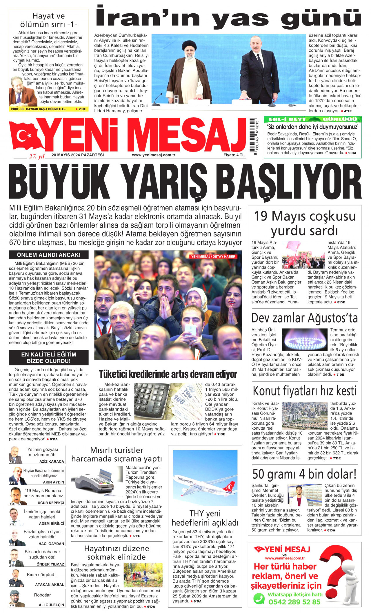 YENİ MESAJ gazetesinin 20 Mayıs 2024 tarihli birinci sayfası