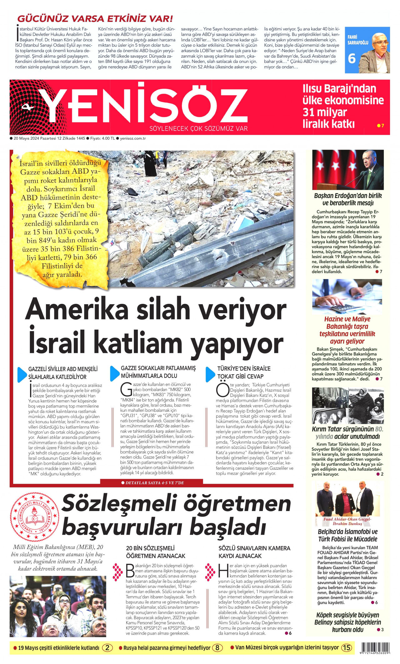 YENİ SÖZ GAZETESİ gazetesinin 20 Mayıs 2024 tarihli birinci sayfası
