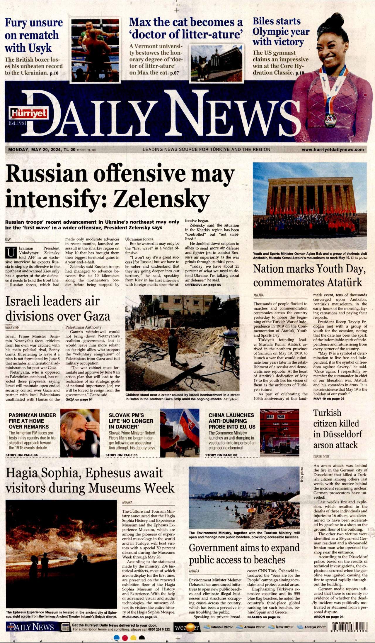 HÜRRİYET DAİLY NEWS gazetesinin 20 Mayıs 2024 tarihli birinci sayfası