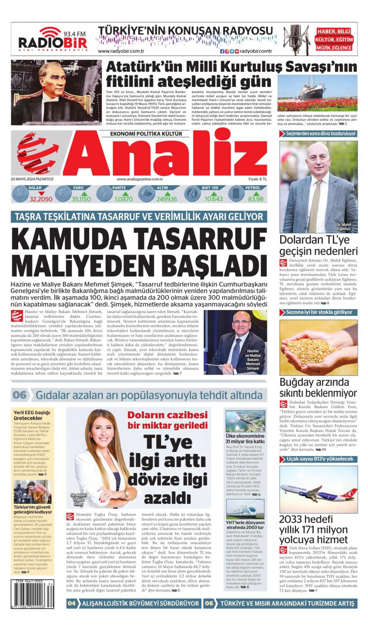 ANALİZ gazetesinin 20 Mayıs 2024 tarihli birinci sayfası