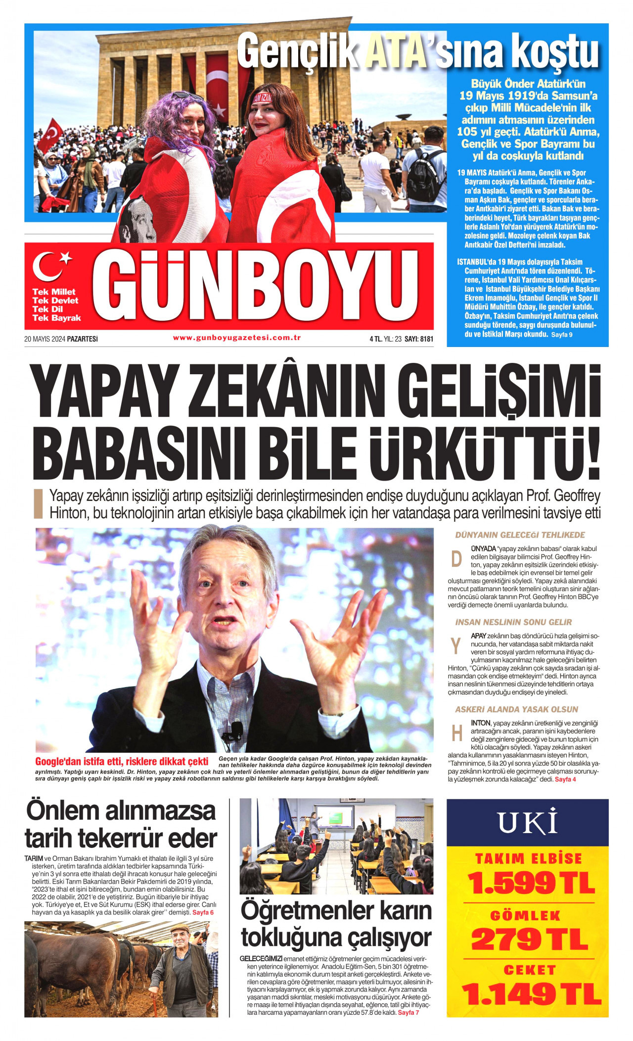 GÜNBOYU gazetesinin 20 Mayıs 2024 tarihli birinci sayfası