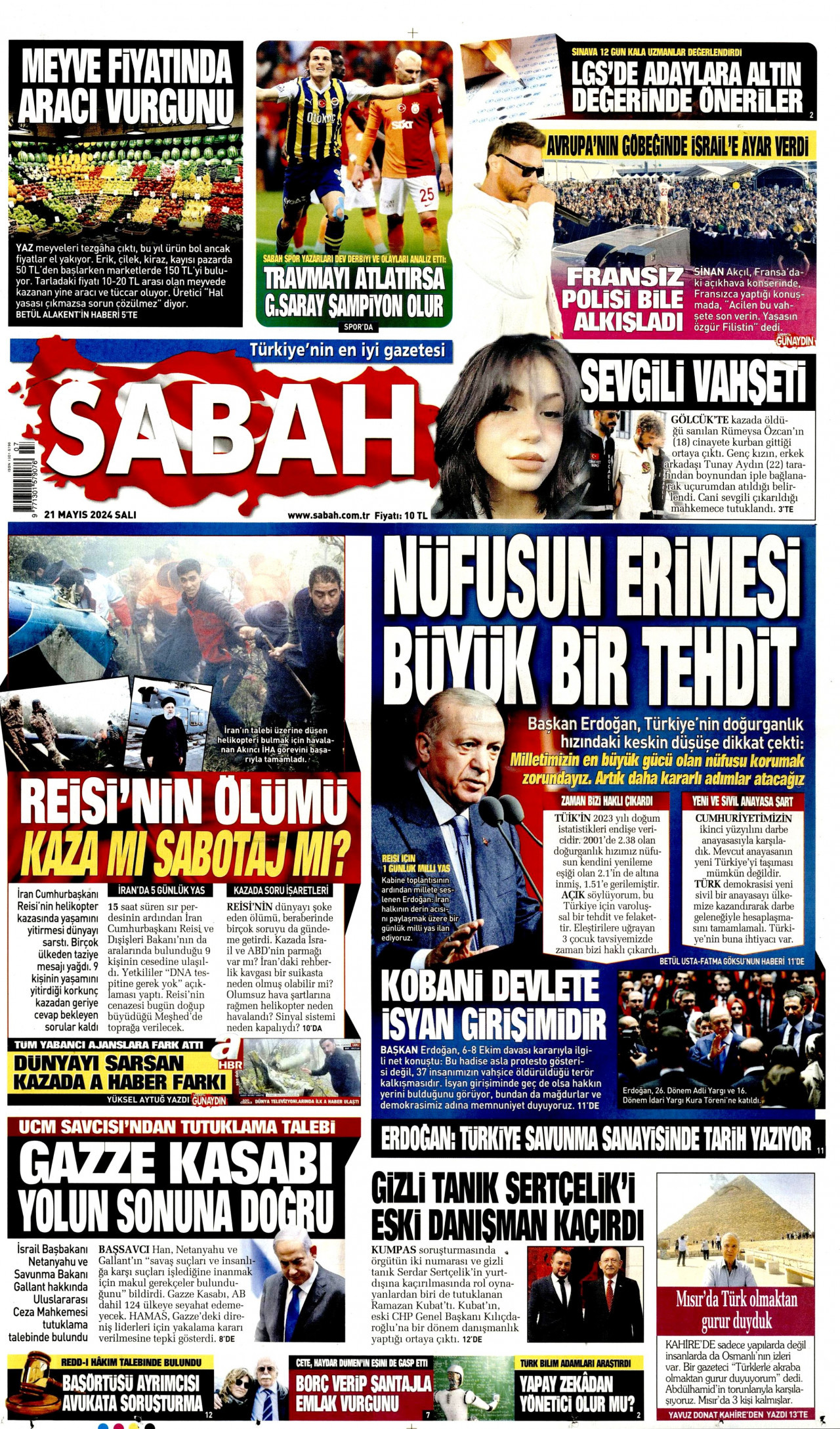 SABAH gazetesinin 21 Mayıs 2024 tarihli birinci sayfası