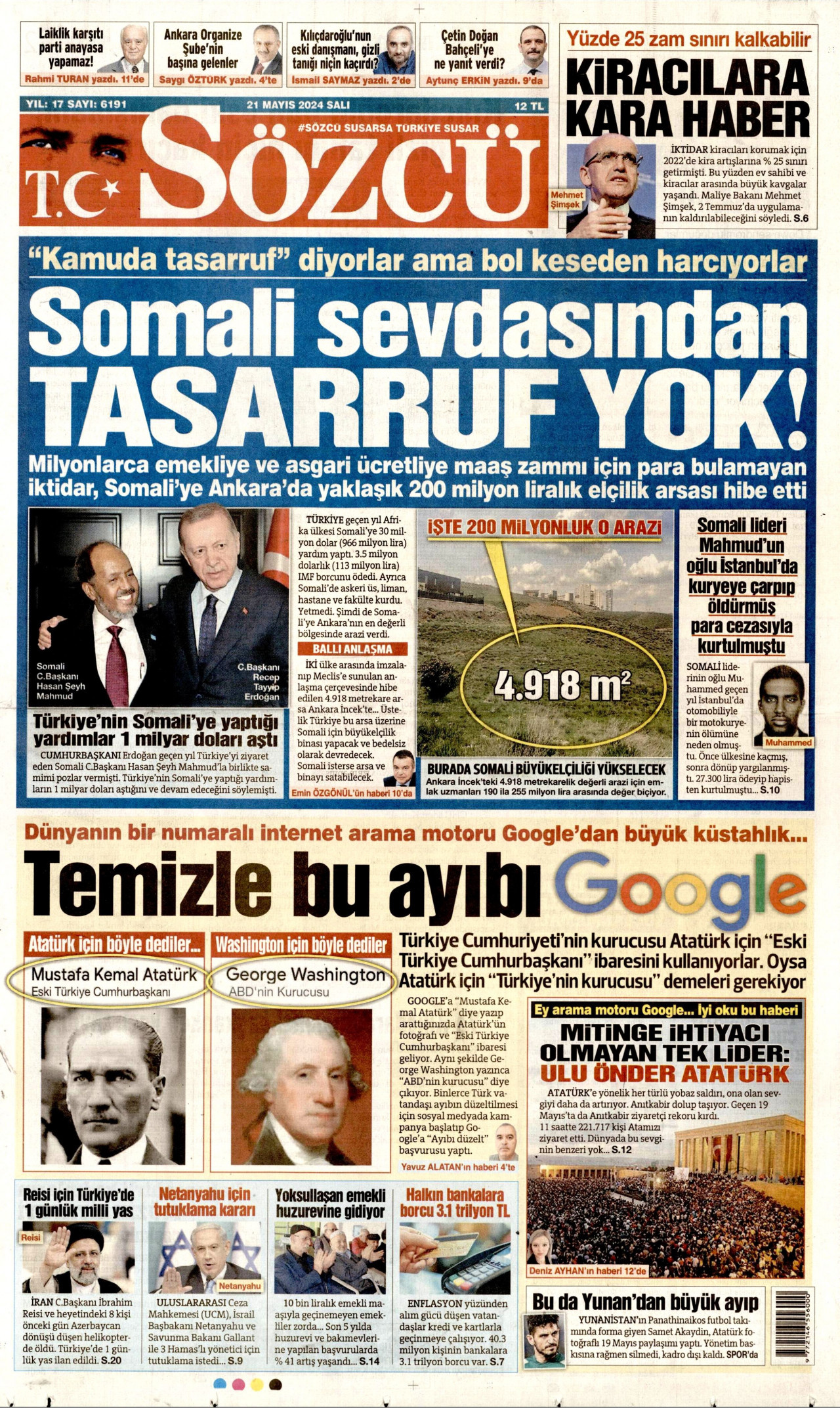 SÖZCÜ gazetesinin 21 Mayıs 2024 tarihli birinci sayfası
