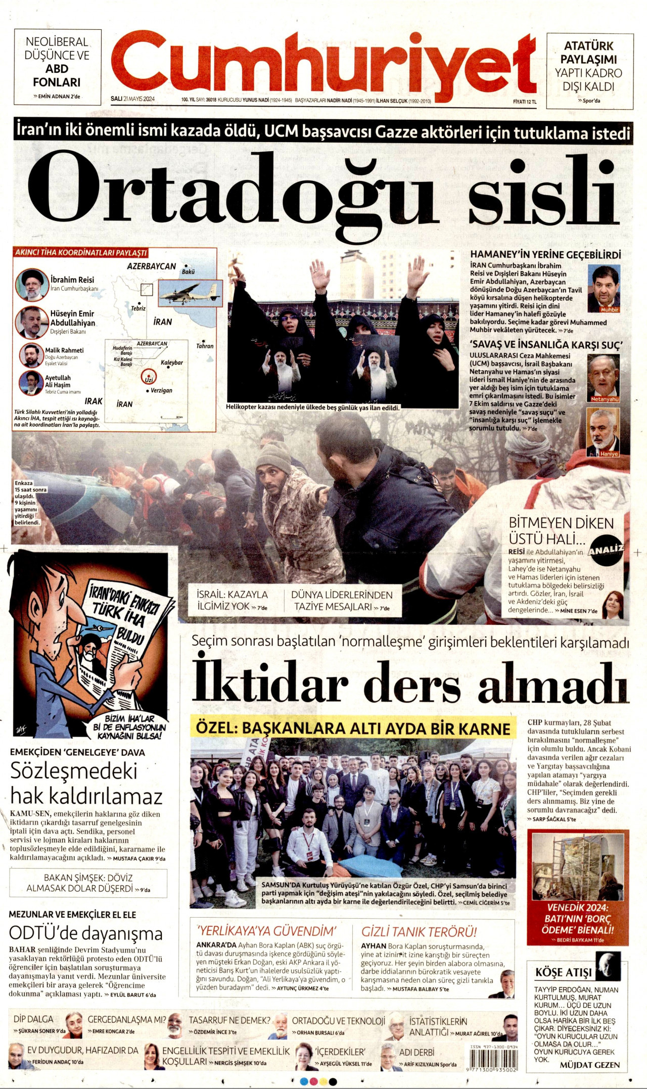 CUMHURİYET gazetesinin 21 Mayıs 2024 tarihli birinci sayfası