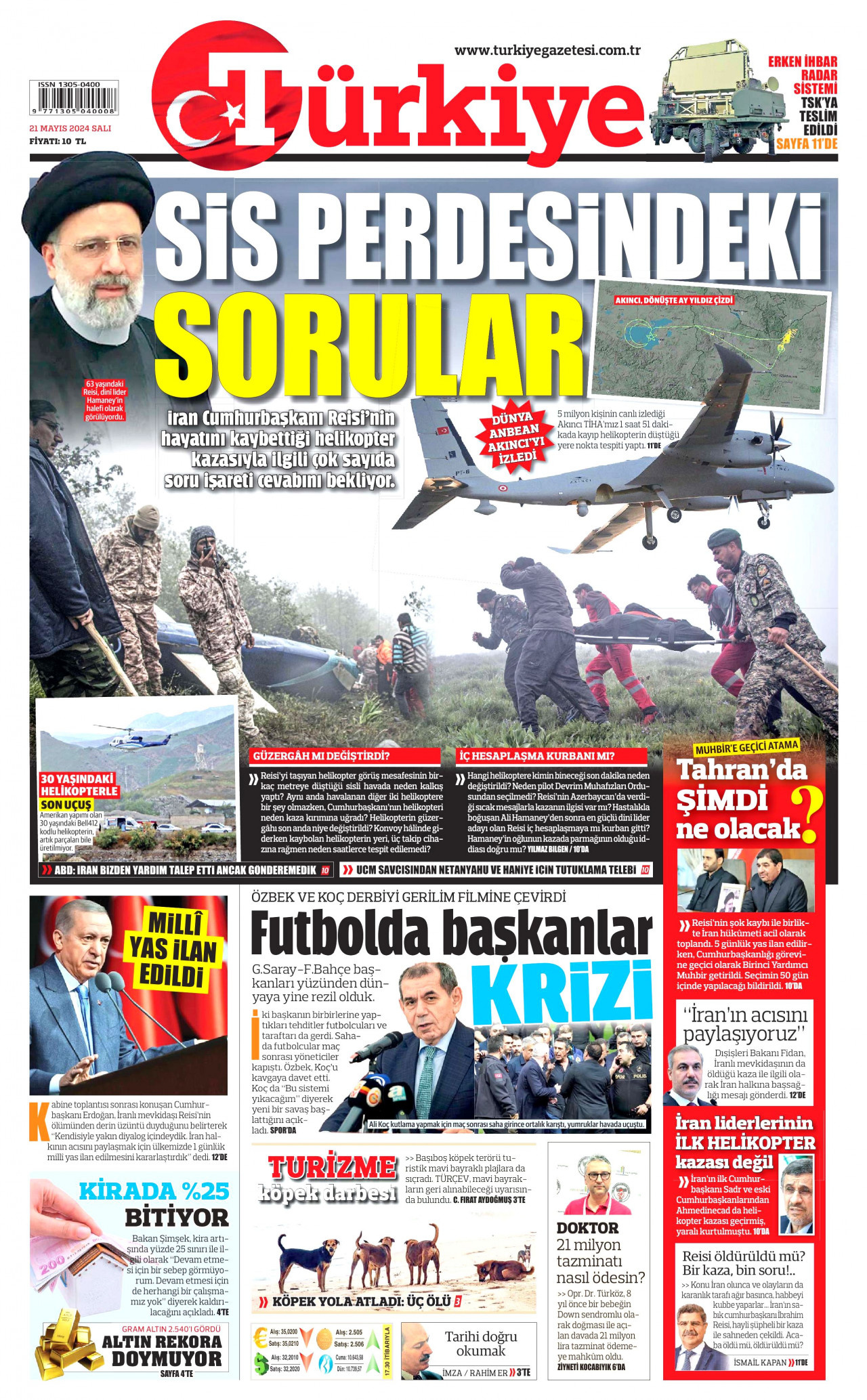 TÜRKİYE GAZETESİ gazetesinin 21 Mayıs 2024 tarihli birinci sayfası