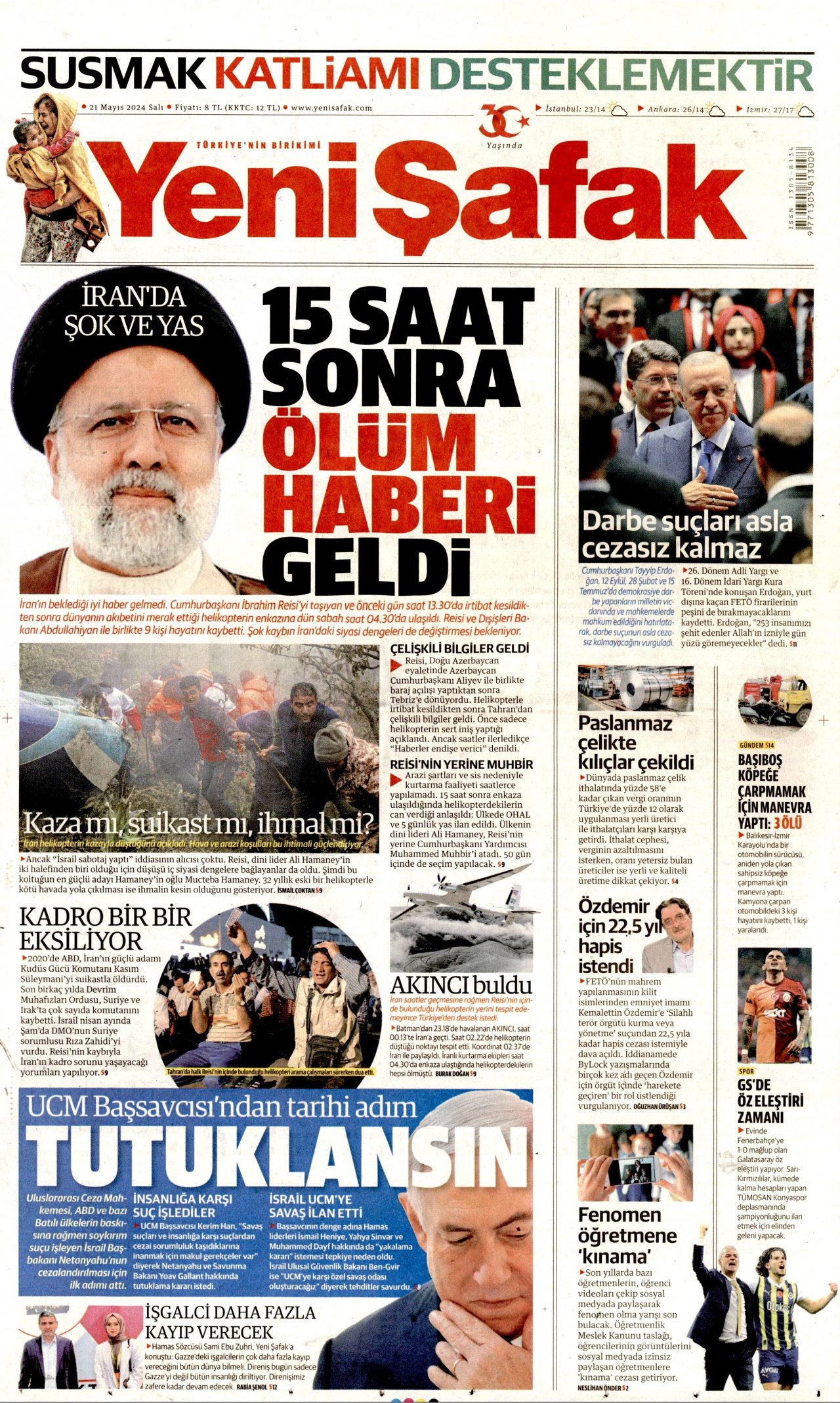 YENİ ŞAFAK gazetesinin 21 Mayıs 2024 tarihli birinci sayfası