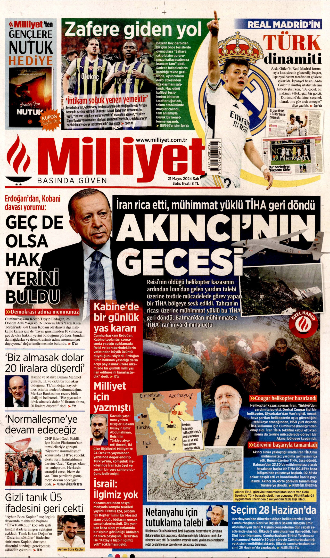MİLLİYET gazetesinin 21 Mayıs 2024 tarihli birinci sayfası
