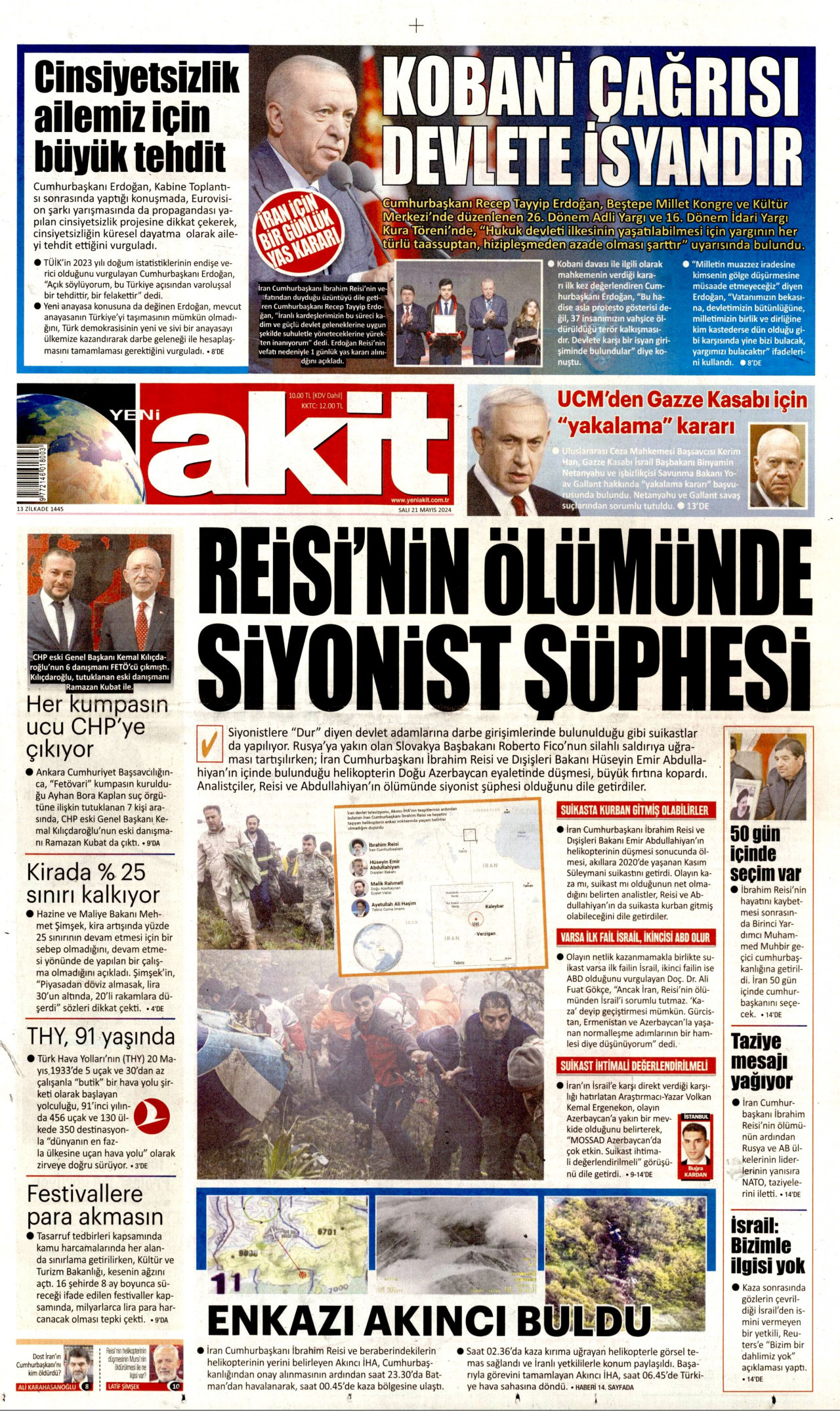 YENİ AKİT gazetesinin 21 Mayıs 2024 tarihli birinci sayfası