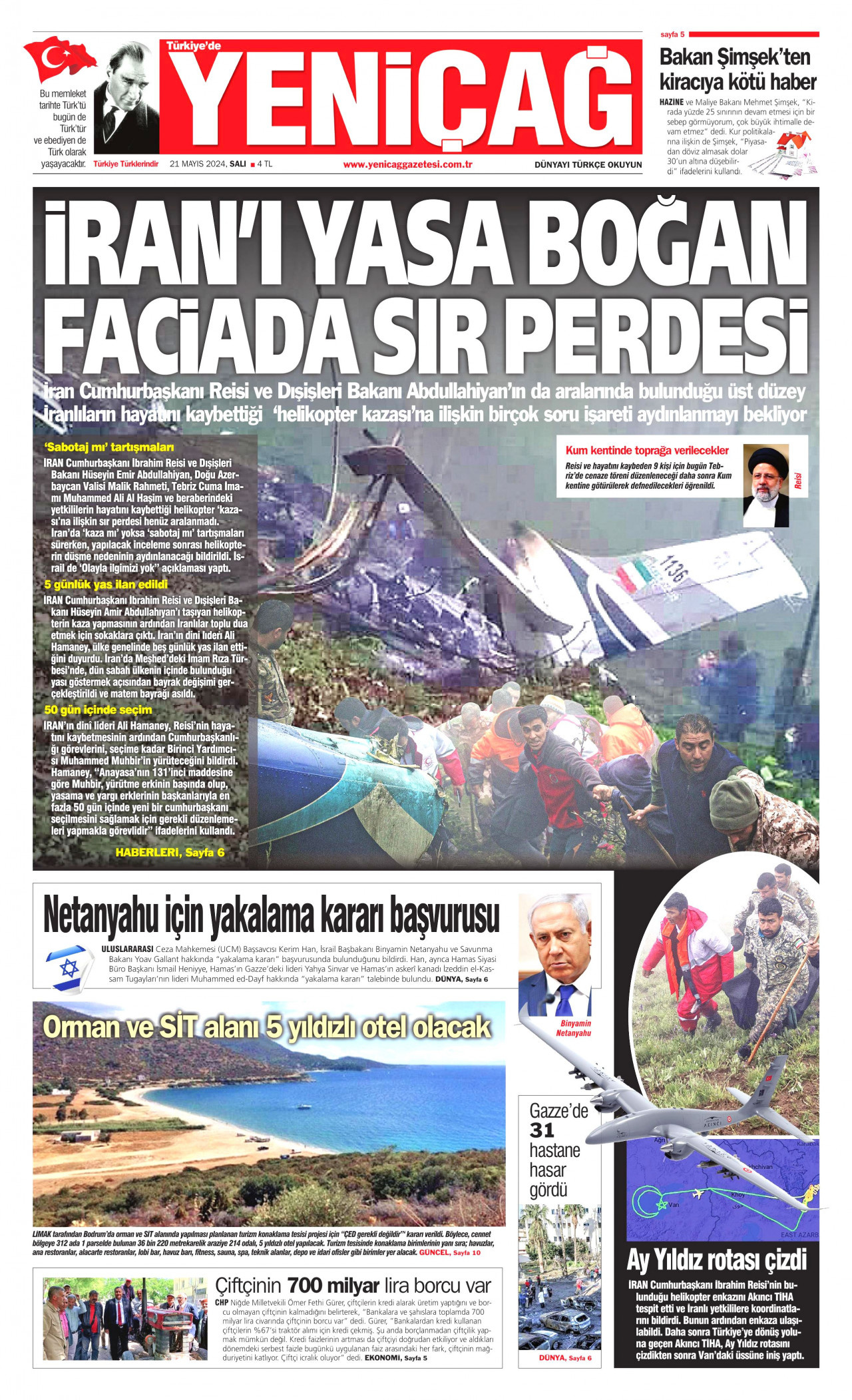 YENİÇAĞ gazetesinin 21 Mayıs 2024 tarihli birinci sayfası