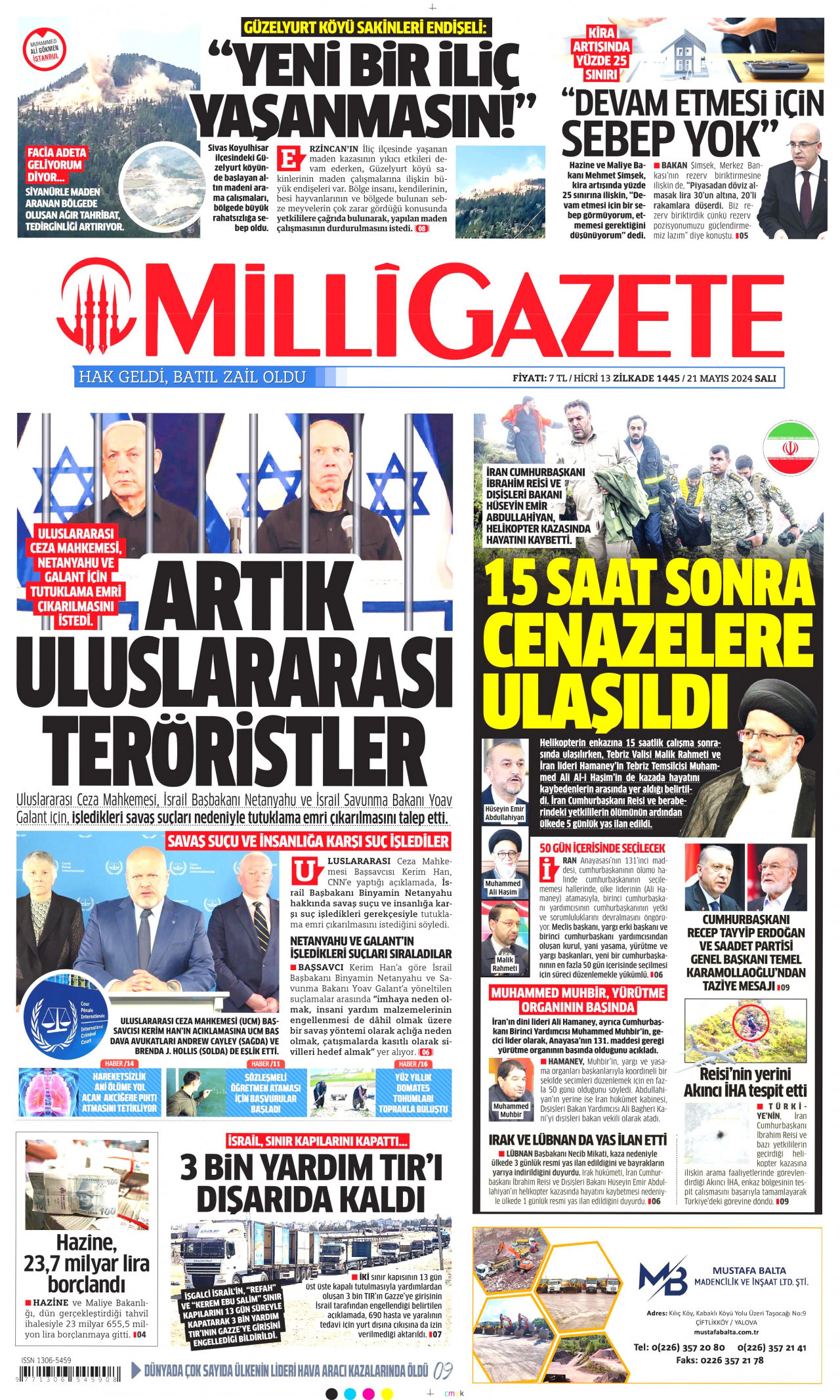 MİLLİ GAZETE gazetesinin 21 Mayıs 2024 tarihli birinci sayfası