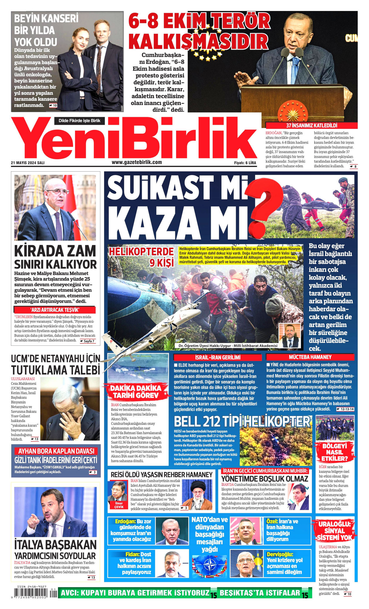 YENİBİRLİK gazetesinin 21 Mayıs 2024 tarihli birinci sayfası