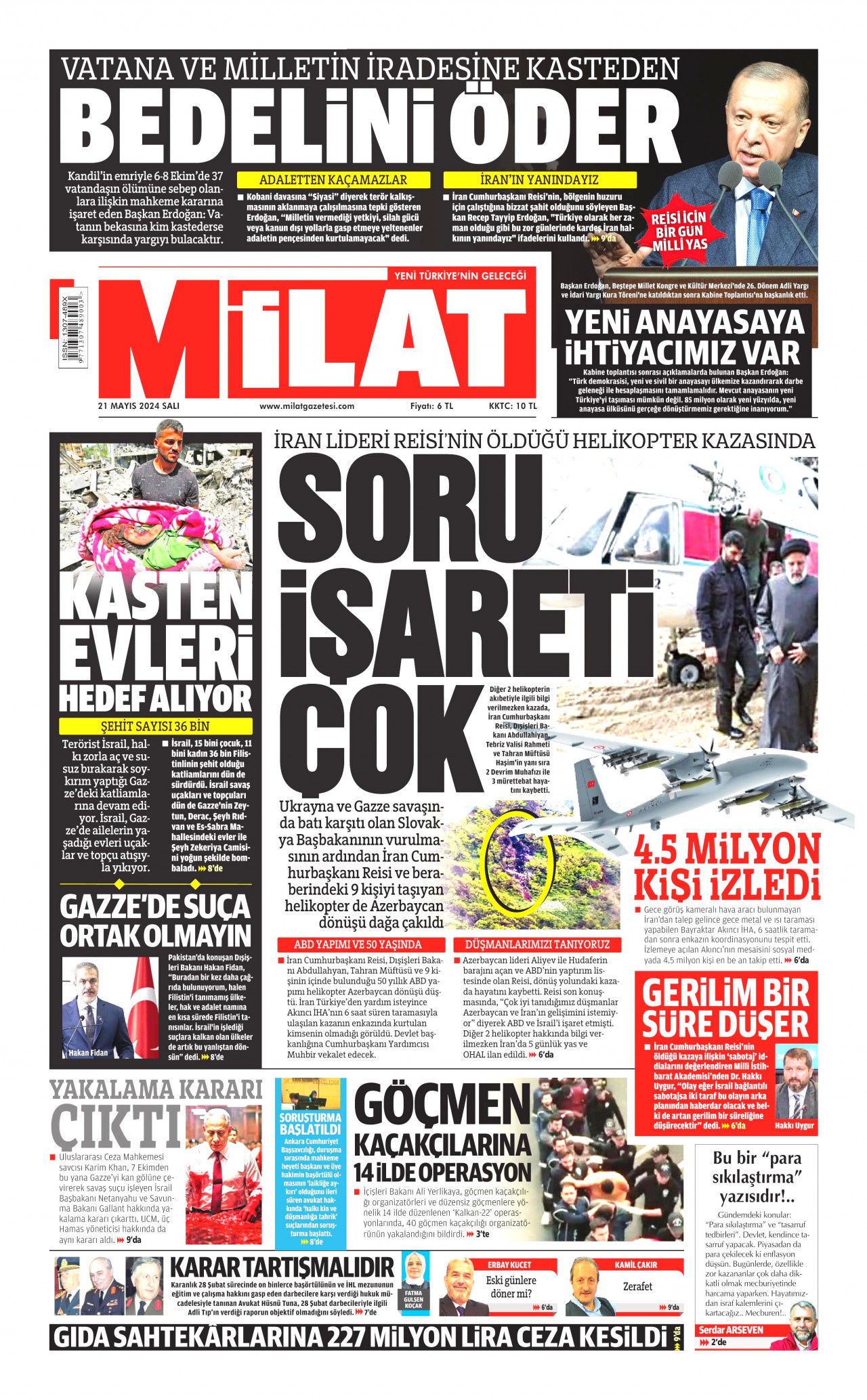 MİLAT gazetesinin 21 Mayıs 2024 tarihli birinci sayfası